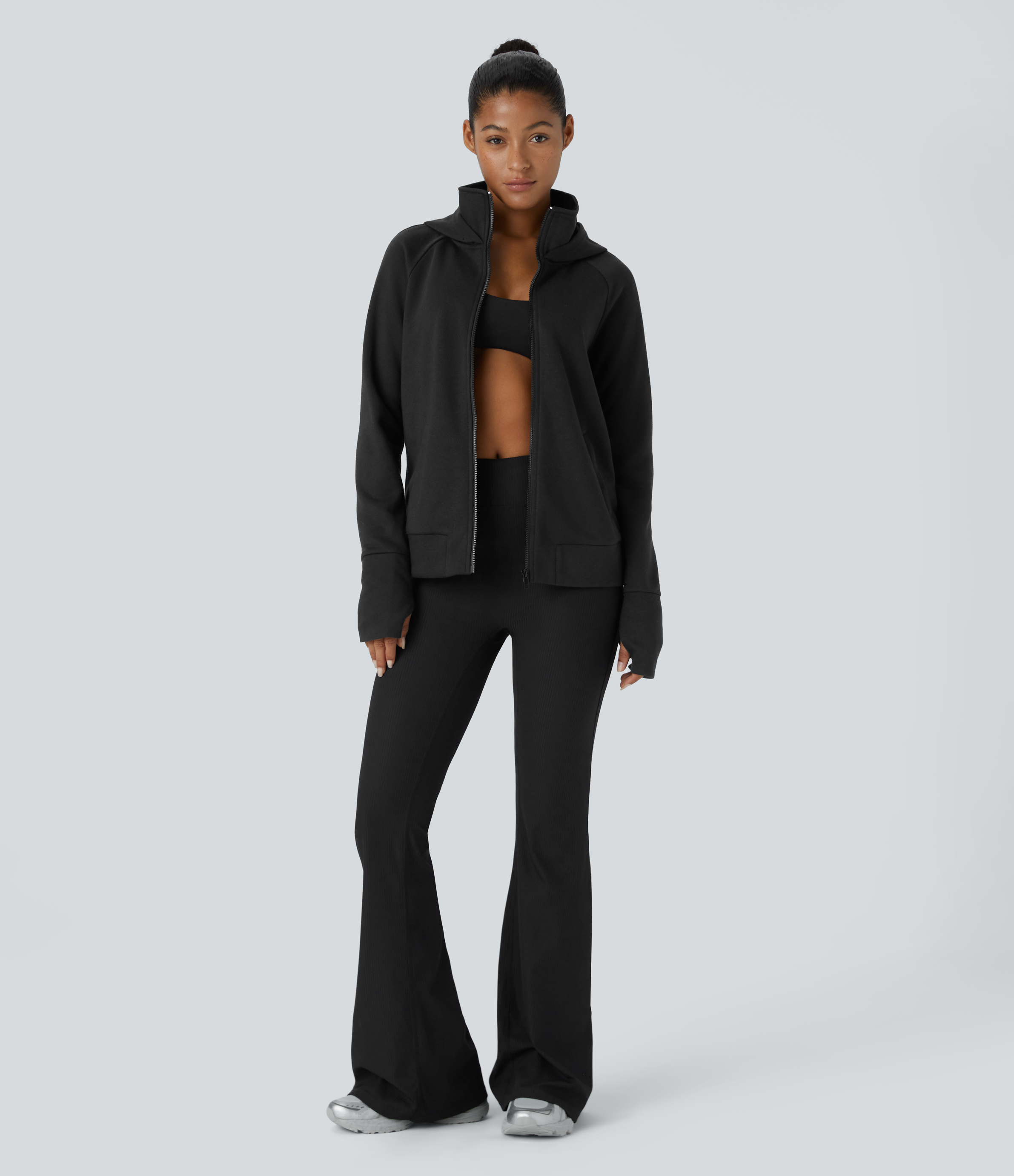 Halara Hooded Stand Collar Zipper Long Sleeve Thumb Hole Side Pocket Fleece Yoga Jacket  - Black - XL 