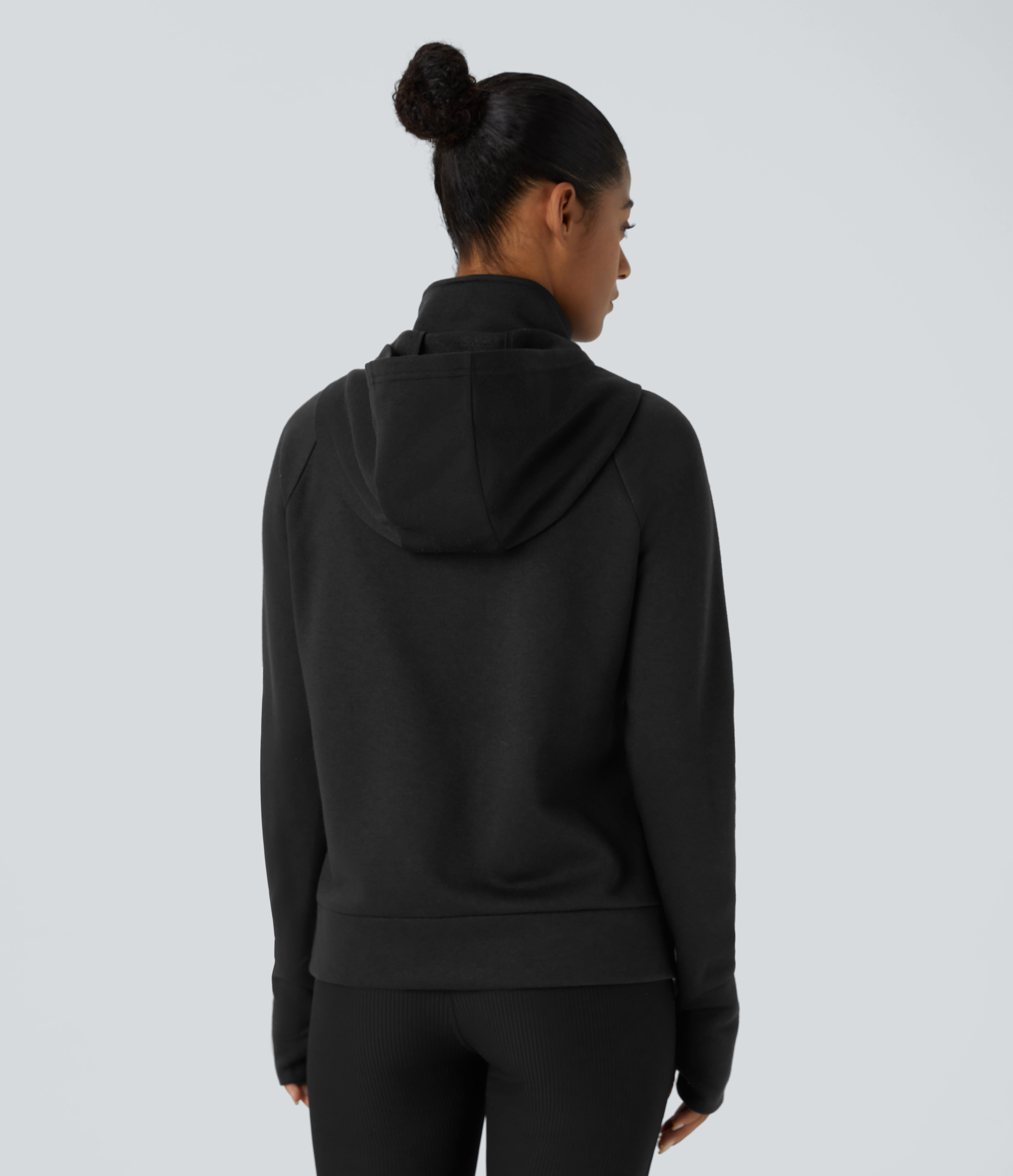 Halara Hooded Stand Collar Zipper Long Sleeve Thumb Hole Side Pocket Fleece Yoga Jacket  - Black - XL 