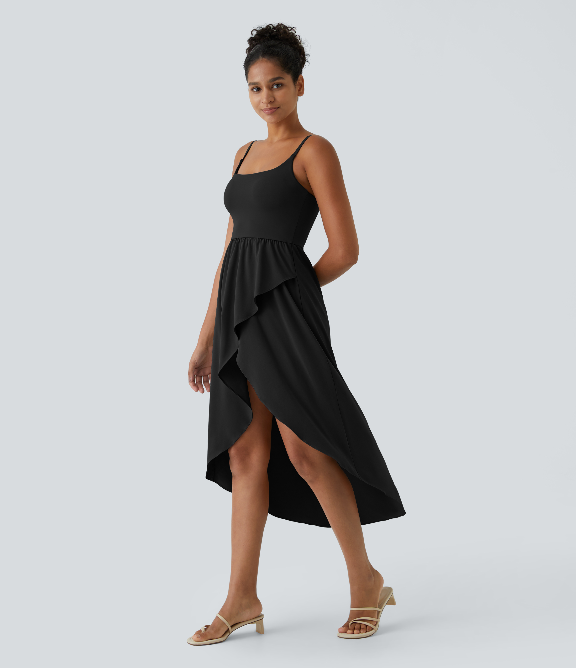 Halara Breezefulв„ў Backless Asymmetric Crossover Hem 2-Piece Side Pocket Flowy Midi Quick Dry Casual Dress Casual Dress - Black - S slip dress 