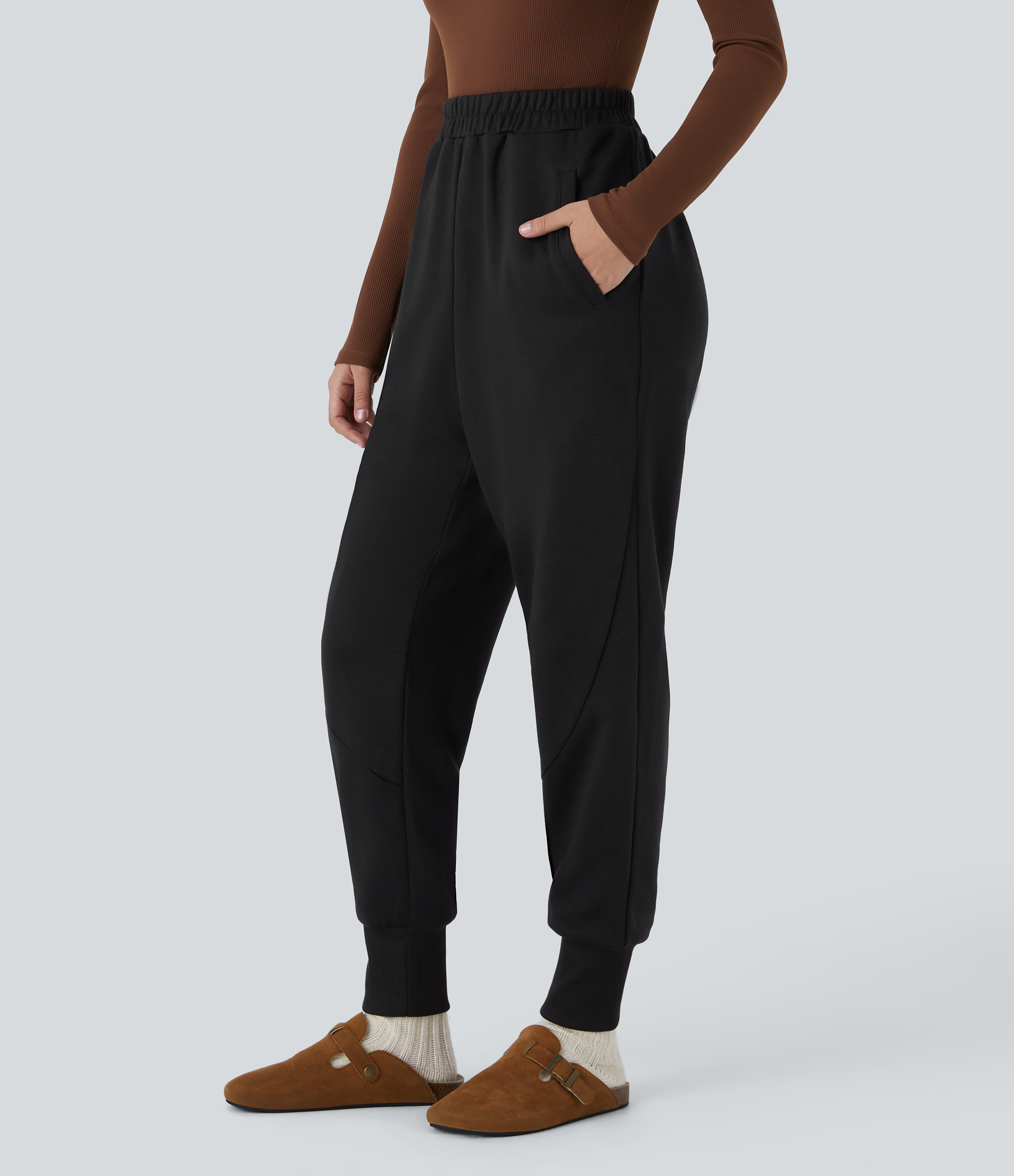 Halara High Waisted Side Pocket Fleece Casual Joggers  - Black - L(regular) 