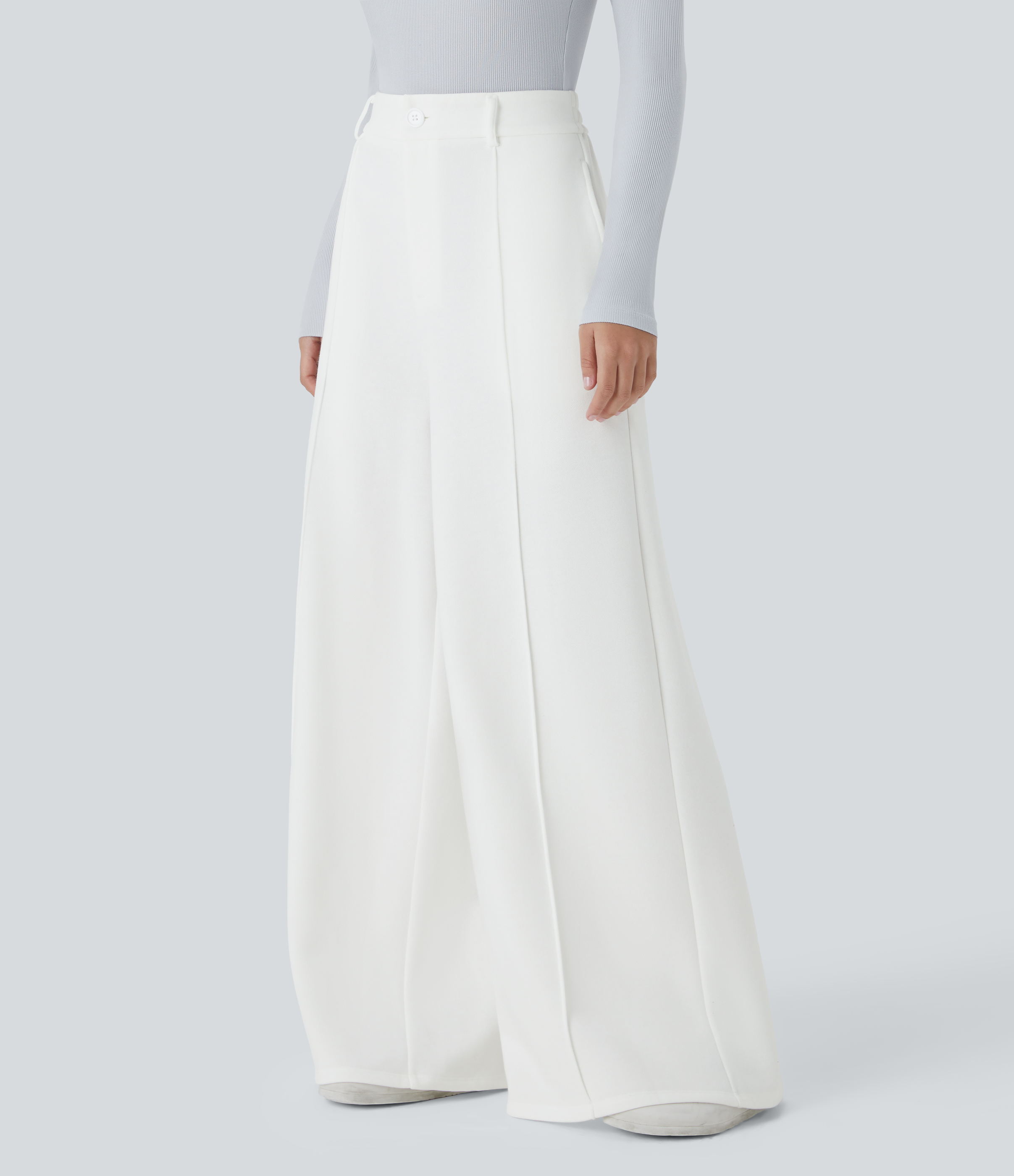 Halara High Waisted Button Zipper Side Pocket Fleece Wide Leg Casual Pants  - White - L(regular) sweatpants jogger pants stacked sweatpants 