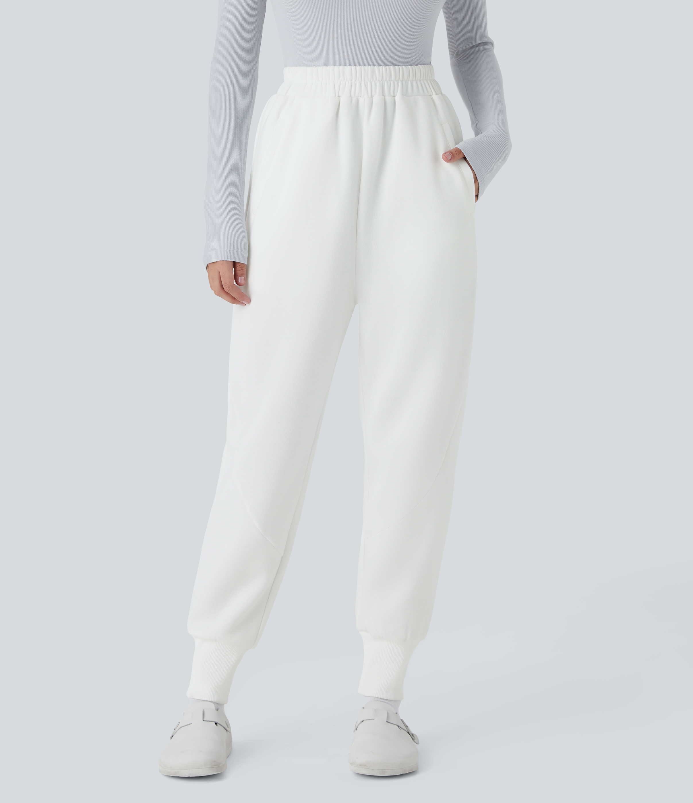 Halara High Waisted Side Pocket Fleece Casual Joggers  - White - S(regular) 