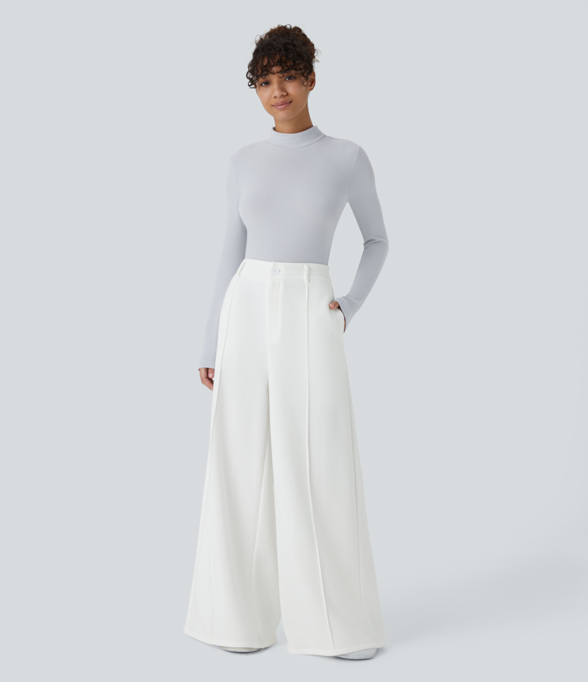 Halara High Waisted Button Zipper Side Pocket Fleece Wide Leg Casual Pants  - White - L(regular) sweatpants jogger pants stacked sweatpants 