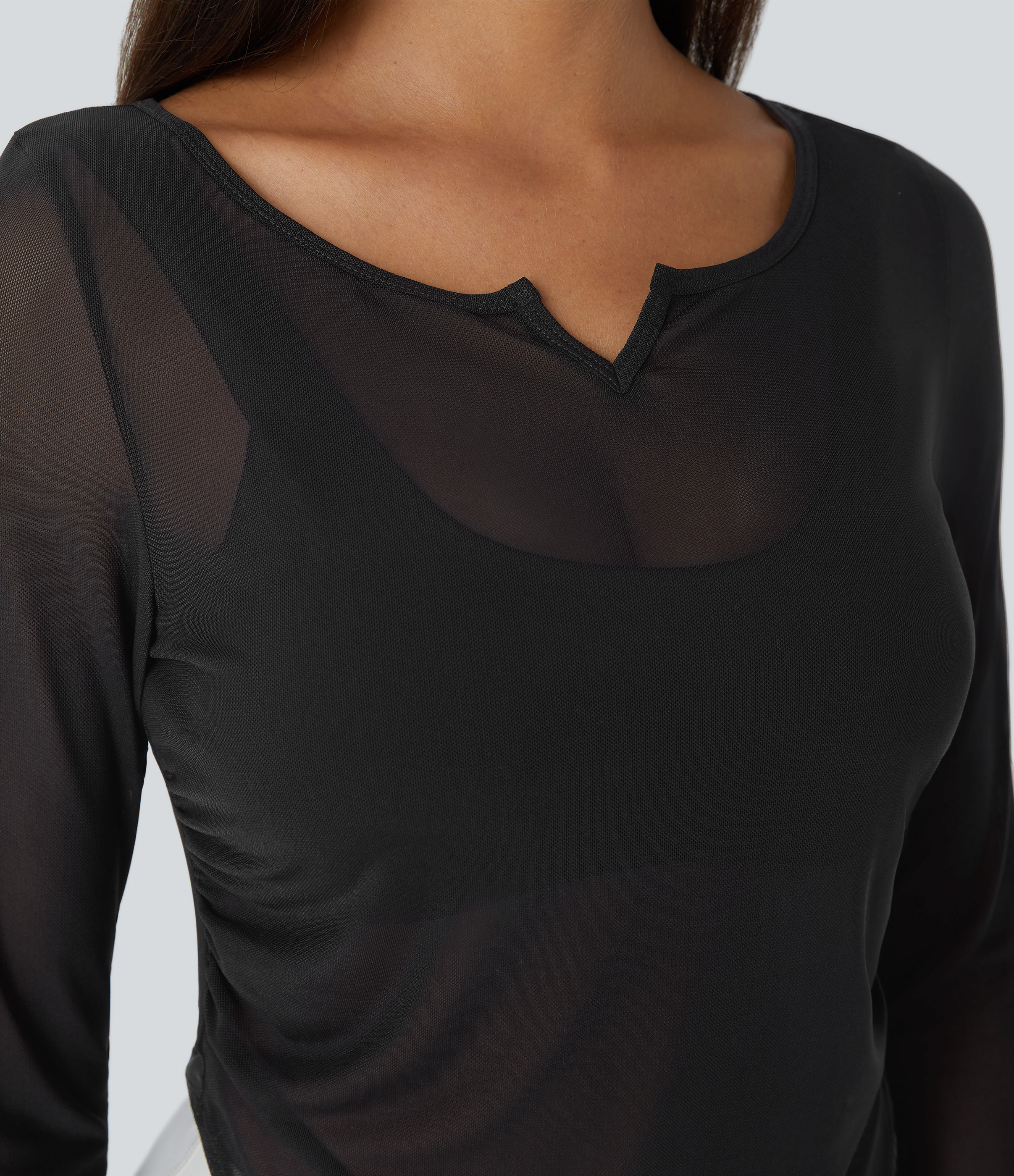 Halara Sheer Mesh V Notch Long Sleeve Ruched Curved Hem Yoga Sports Top  - Black - XS 