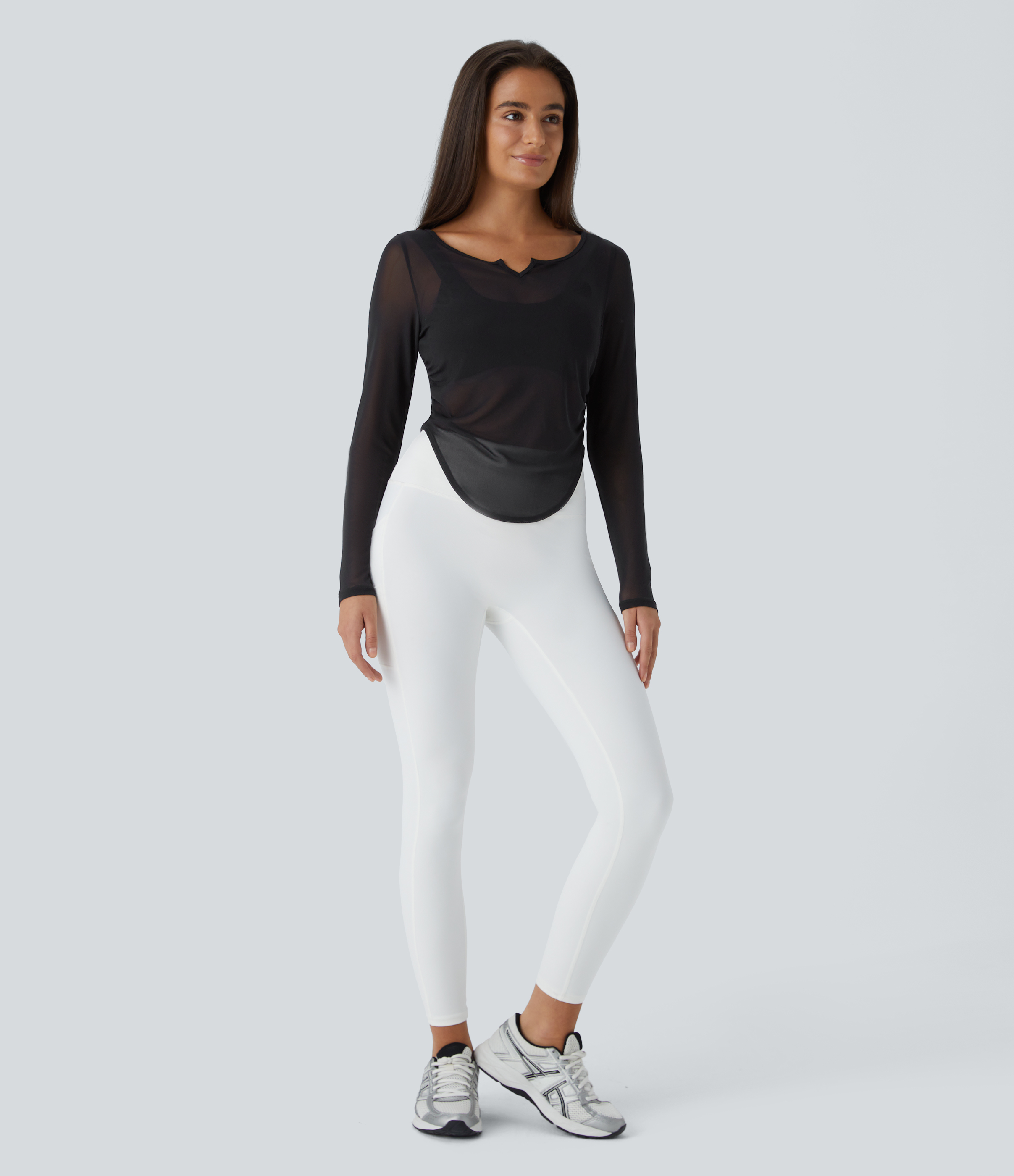 Halara Sheer Mesh V Notch Long Sleeve Ruched Curved Hem Yoga Sports Top  - Black - XS 