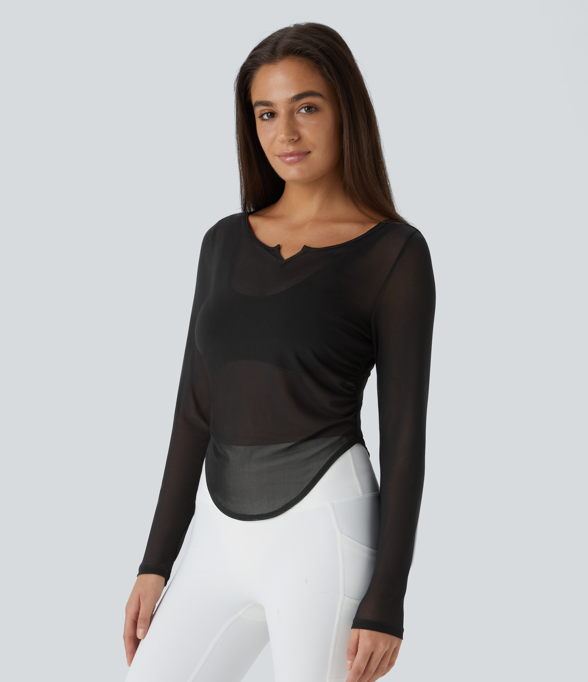 Halara Sheer Mesh V Notch Long Sleeve Ruched Curved Hem Yoga Sports Top  - Black - XS 