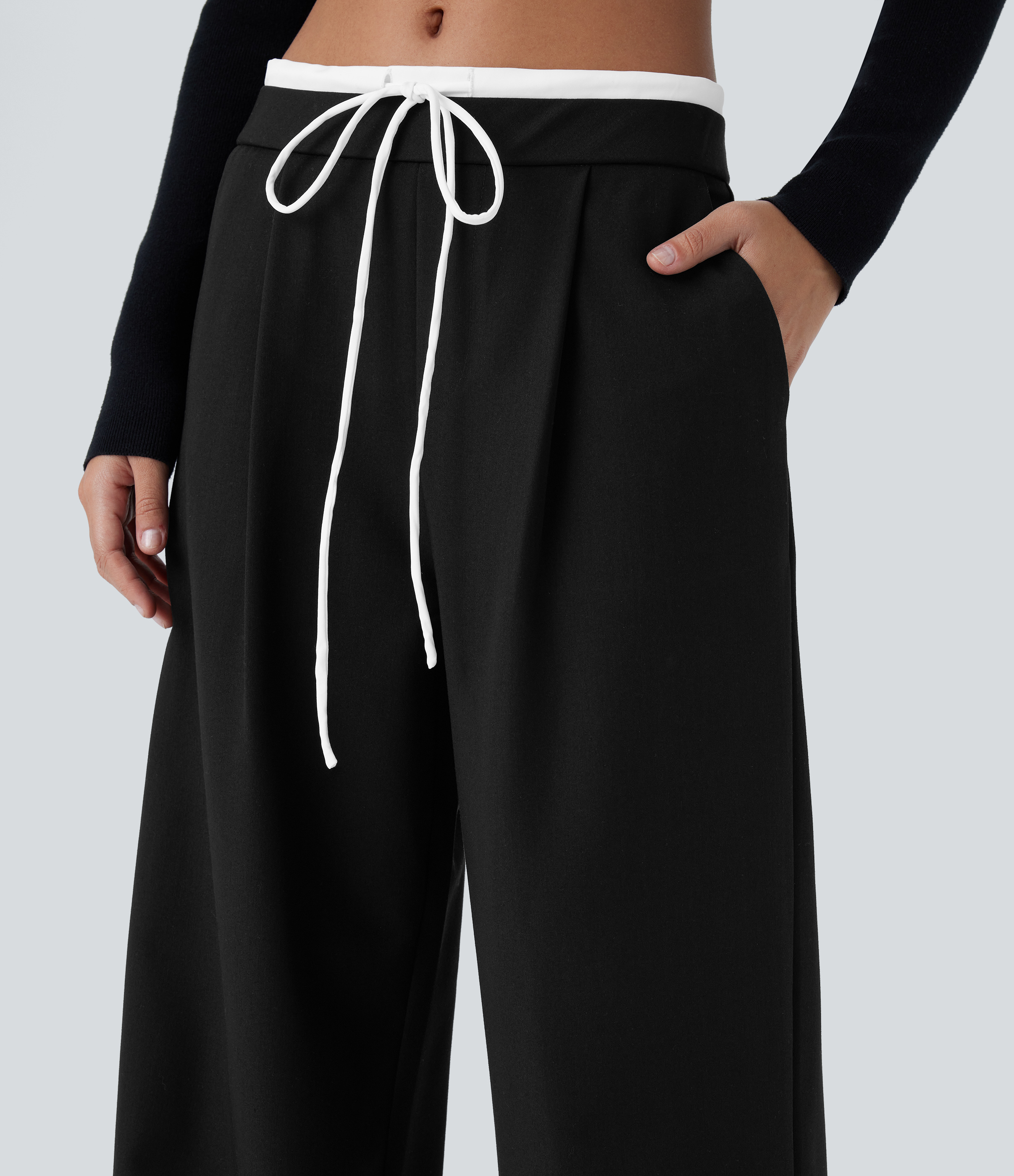 Halara Double-Layer Color Block Low Rise Drawstring Invisible Zipper Side Pocket Wide Leg Casual Pants  - Black - L(regular) sweatpants 