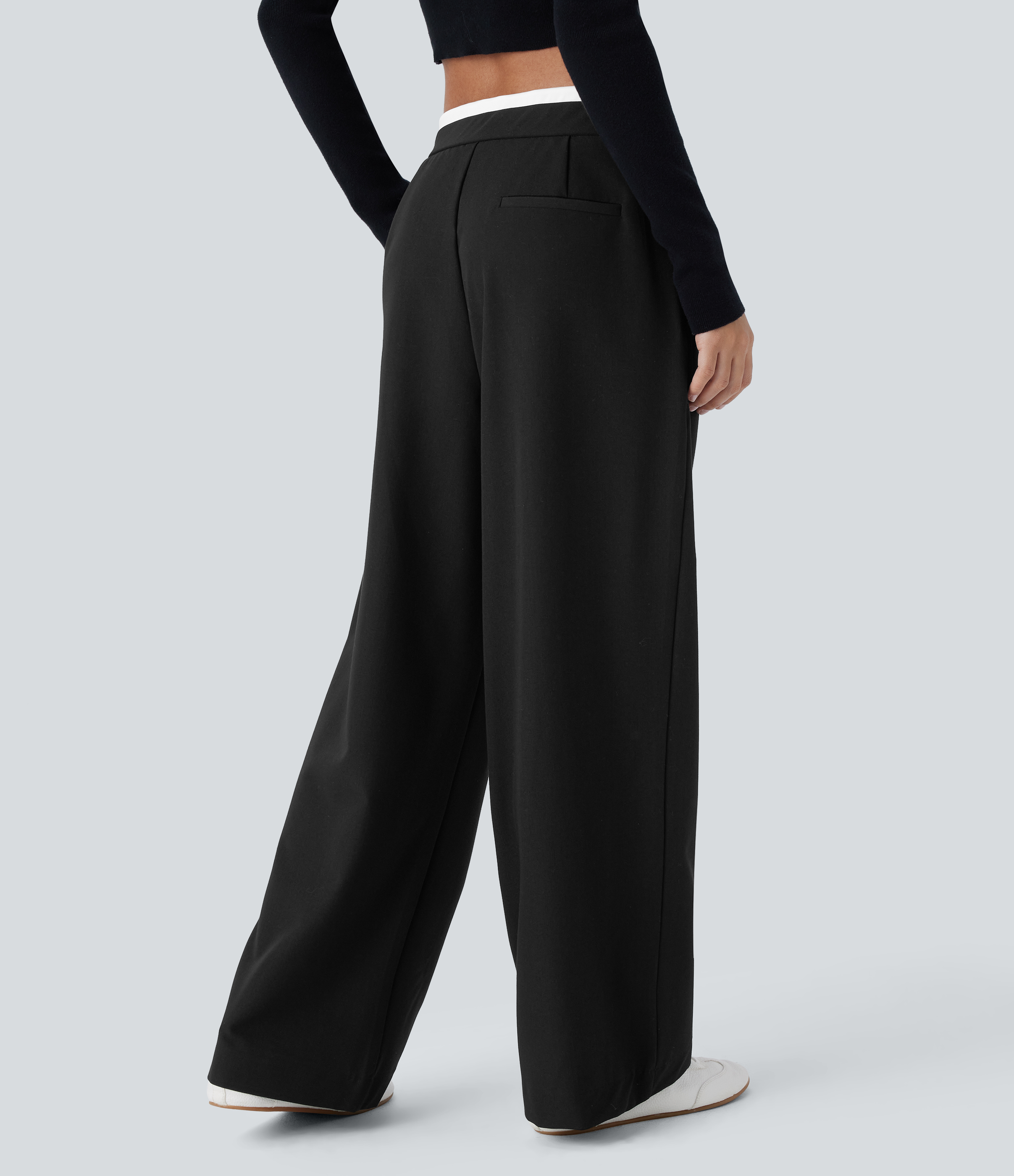 Halara Double-Layer Color Block Low Rise Drawstring Invisible Zipper Side Pocket Wide Leg Casual Pants  - Black - L(regular) sweatpants 