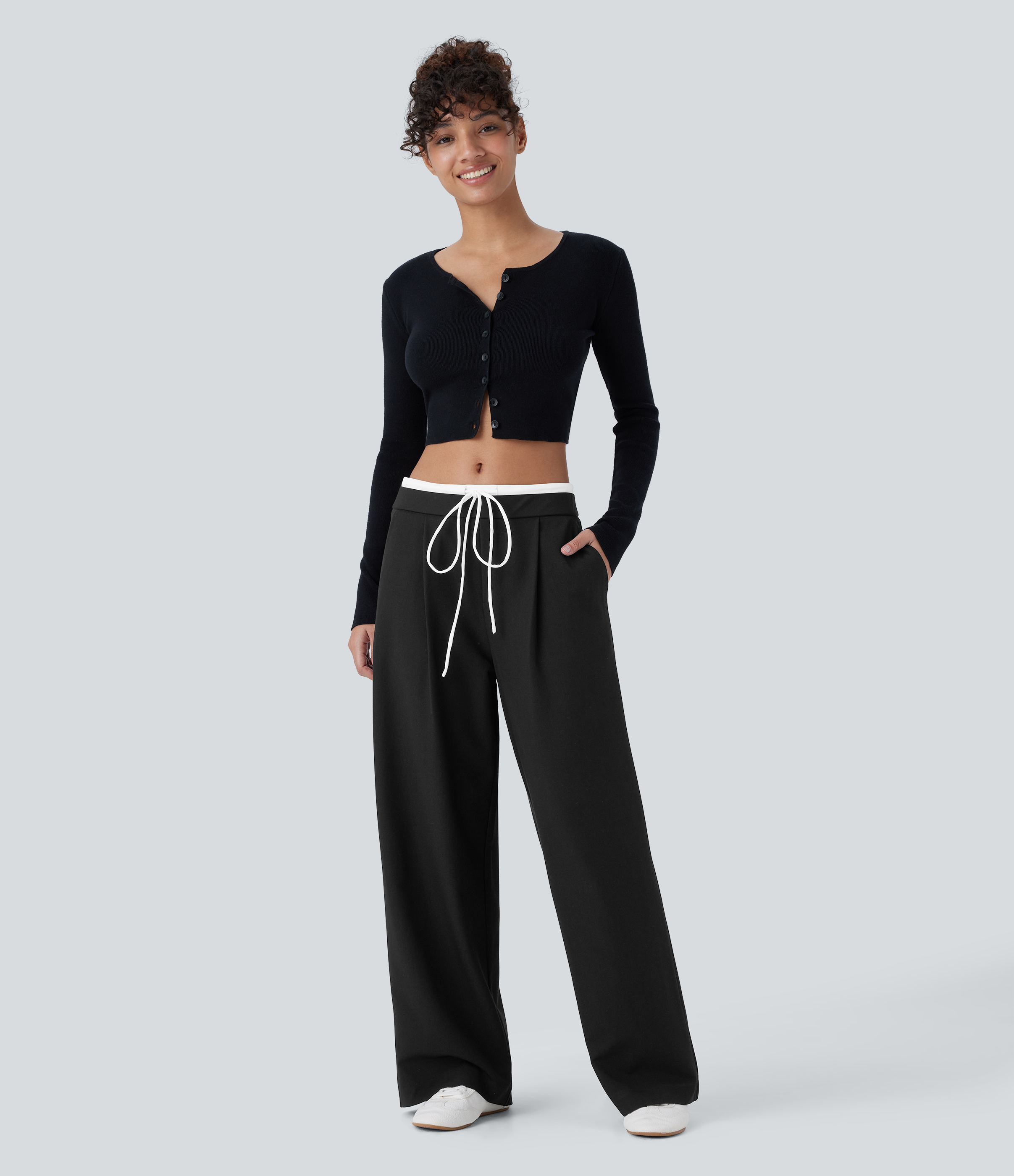 Halara Double-Layer Color Block Low Rise Drawstring Invisible Zipper Side Pocket Wide Leg Casual Pants  - Black - L(regular) sweatpants 