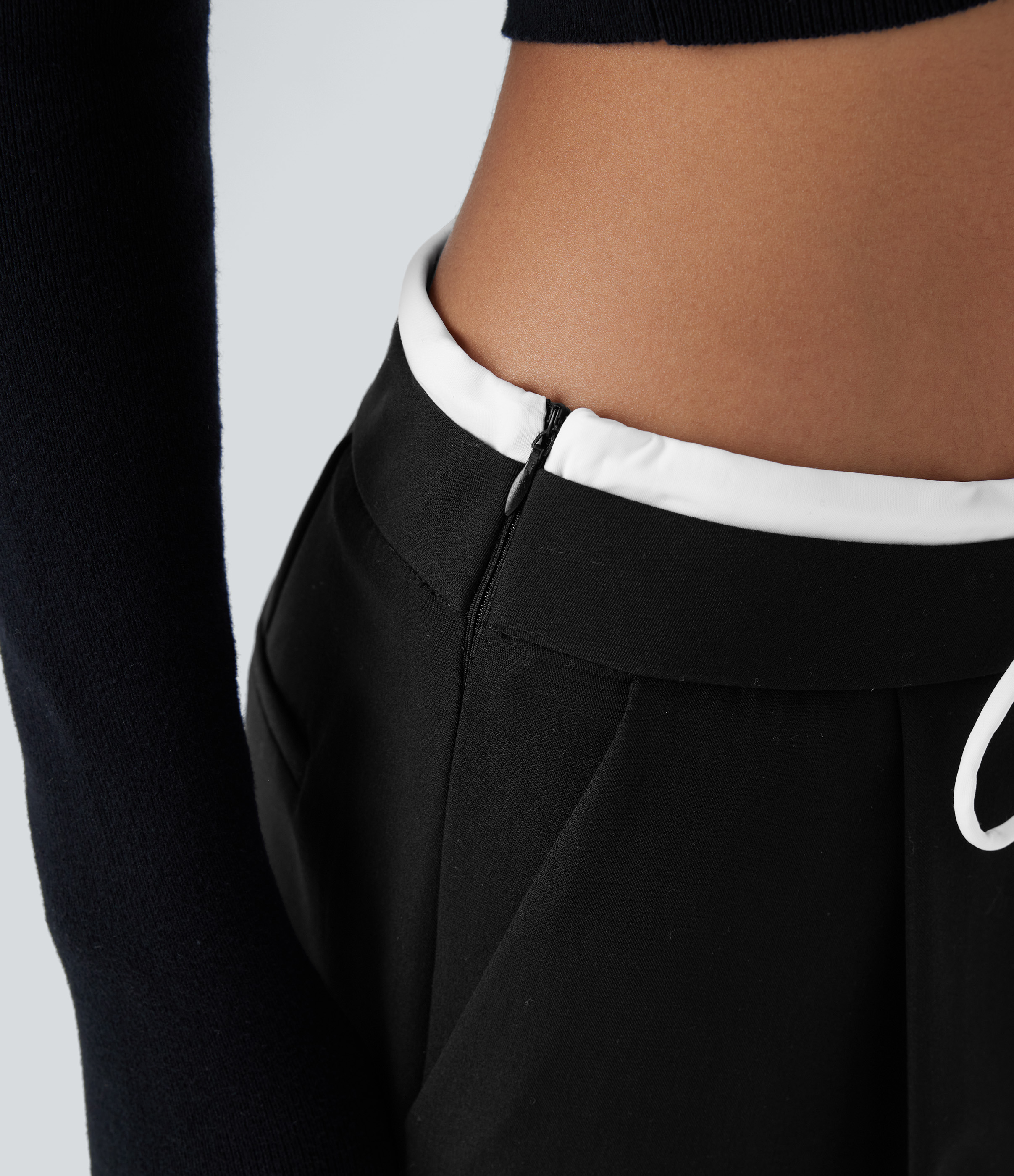 Halara Double-Layer Color Block Low Rise Drawstring Invisible Zipper Side Pocket Wide Leg Casual Pants  - Black - L(regular) sweatpants 