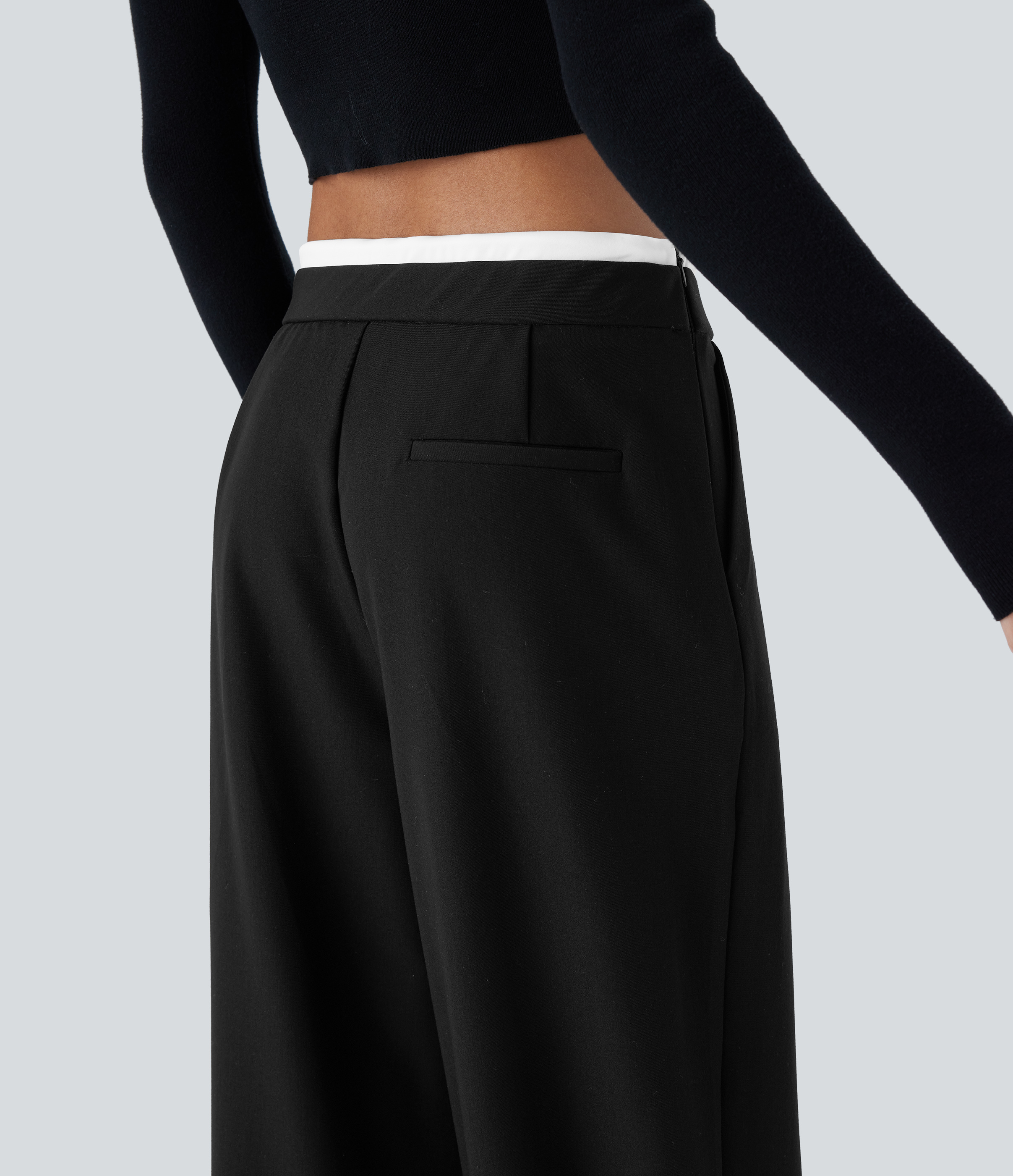 Halara Double-Layer Color Block Low Rise Drawstring Invisible Zipper Side Pocket Wide Leg Casual Pants  - Black - L(regular) sweatpants 