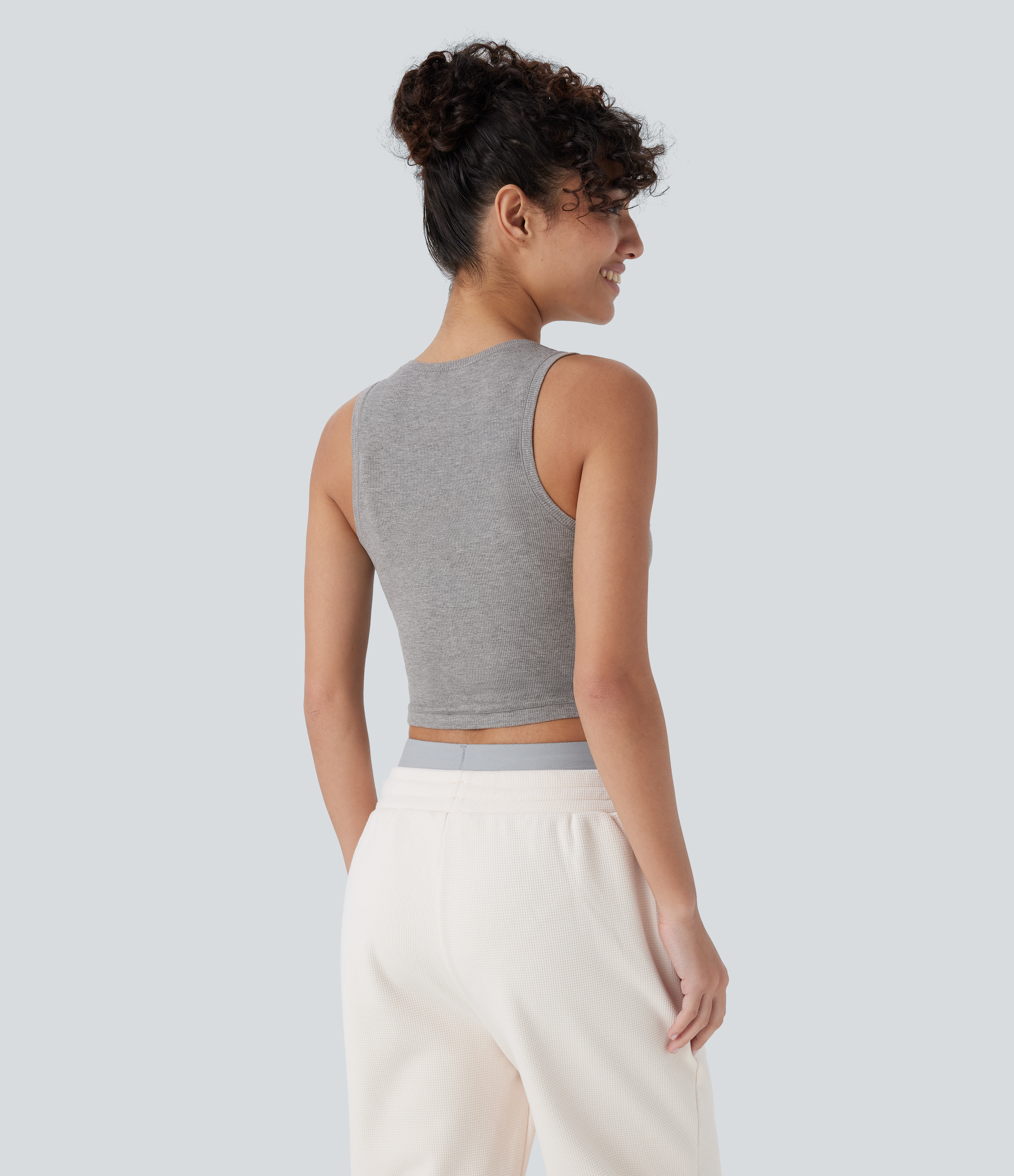 Fog Gray Camiseta sin mangas ajustada cuello U acanalado súper elástica agradable piel / 2