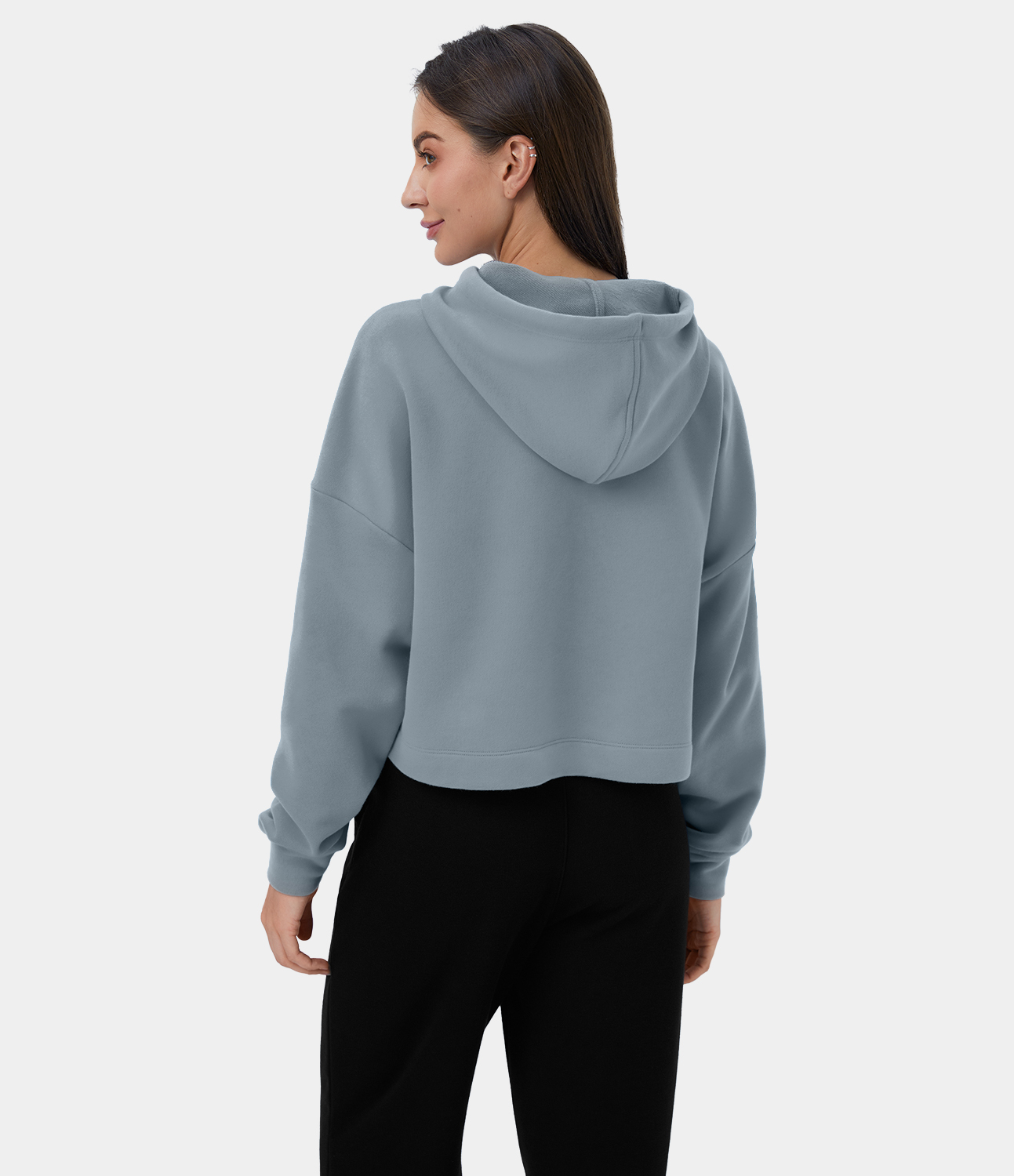 Halara Hooded Dropped Shoulder Drawstring Cropped Fleece Casual Cotton Hoodie Sweatshirt  - Blue Flower Gray - XS 