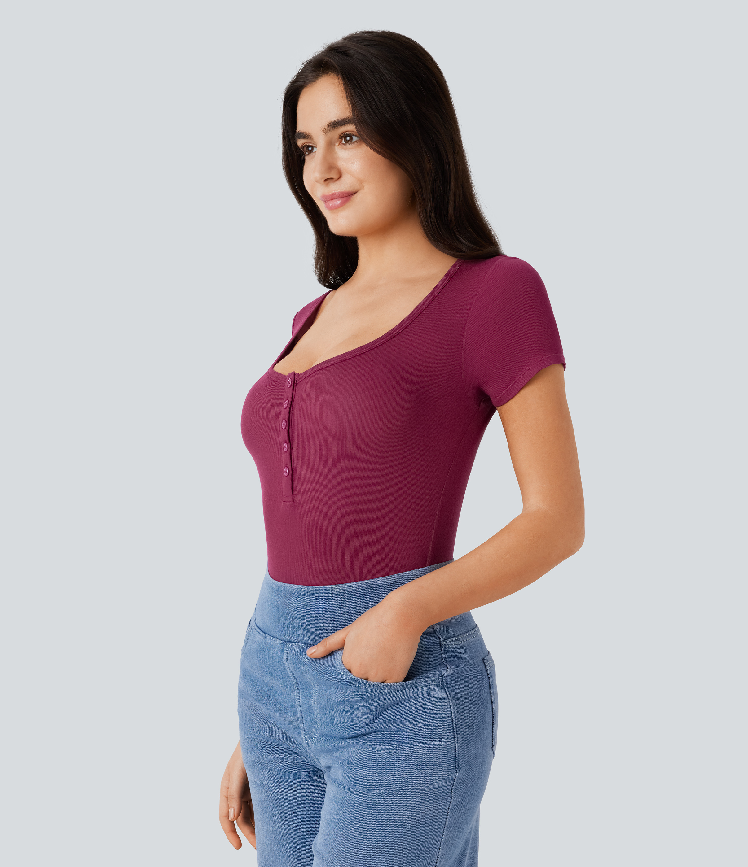 Halara Ribbed Henley Neck Short Sleeve Slim Casual Top Tank Top - Maroon Banner - S golf tops halter top tunic tops sleeveless tops 
