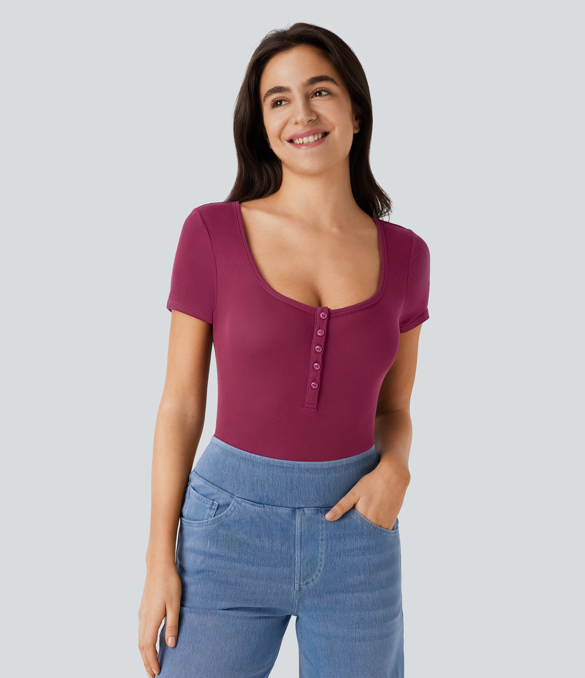 Halara Ribbed Henley Neck Short Sleeve Slim Casual Top Tank Top - Maroon Banner - S golf tops halter top tunic tops sleeveless tops 