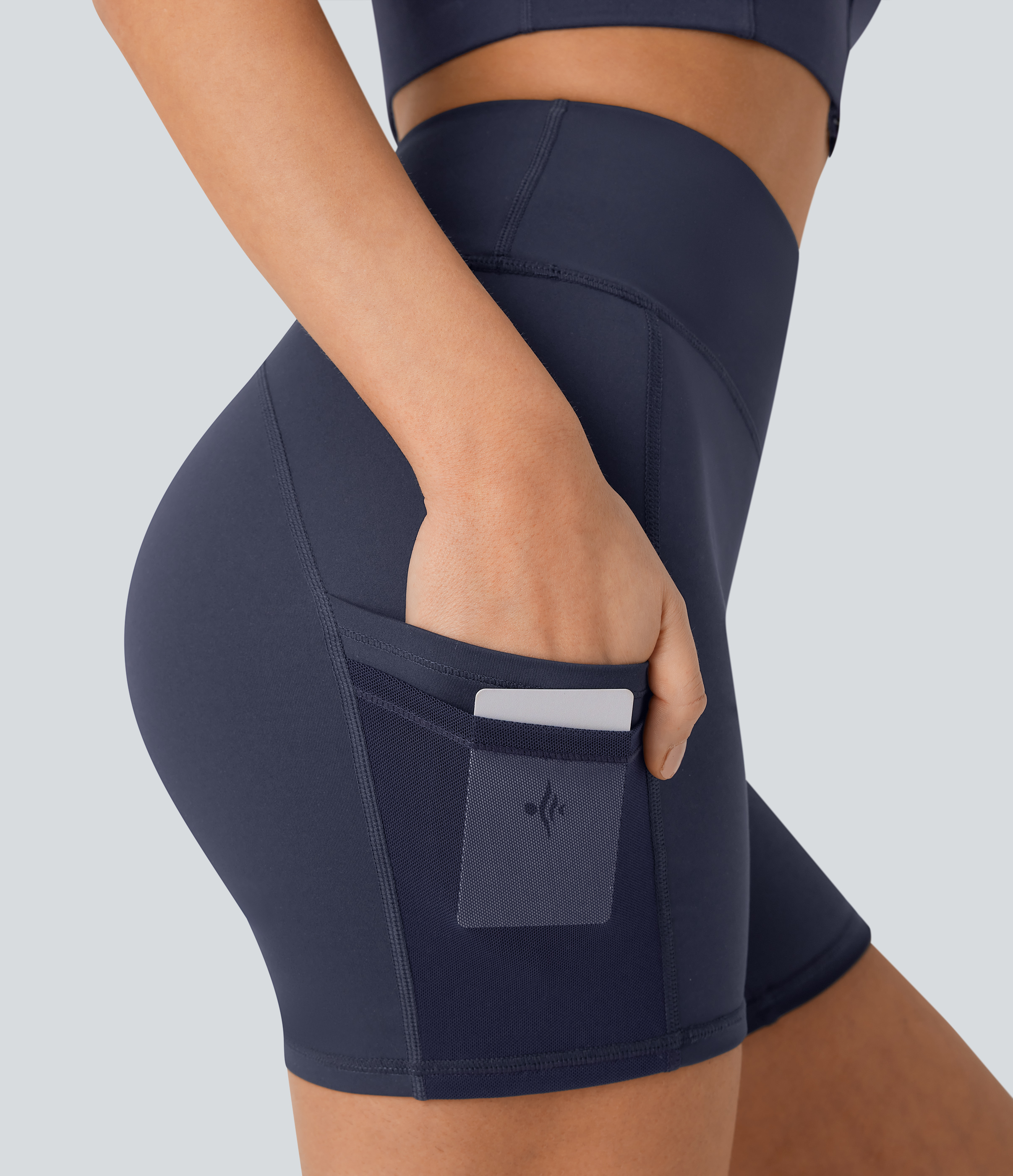Halara High Waisted Multiple Pockets Contrast Mesh Yoga Biker Shorts 5``  - Midnight Blue - M biker shorts women black biker shorts 