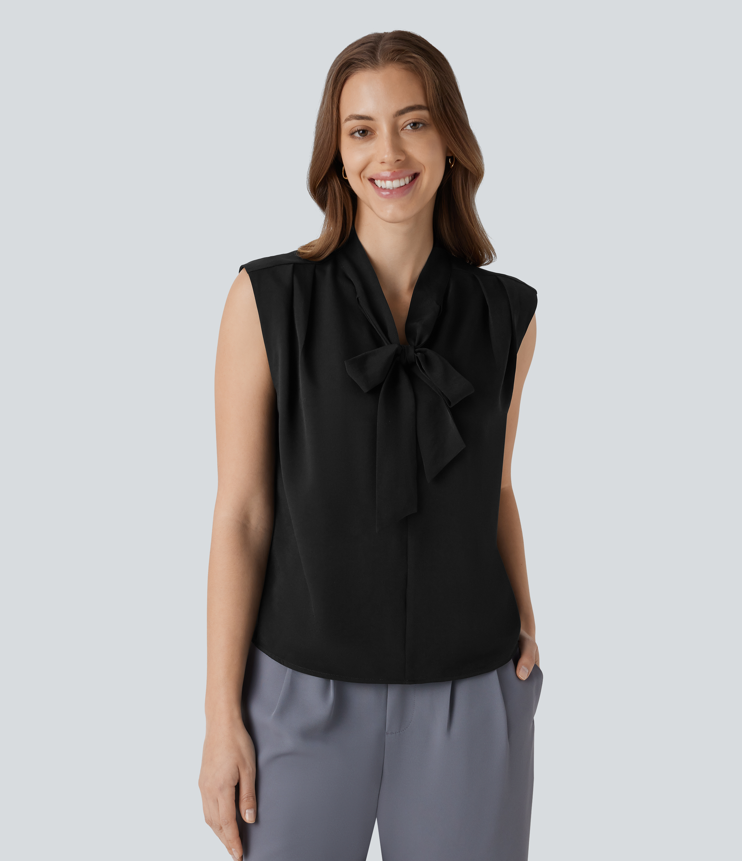 Halara V Neck Tie Front Sleeveless Work Shirt  - Black - XL 