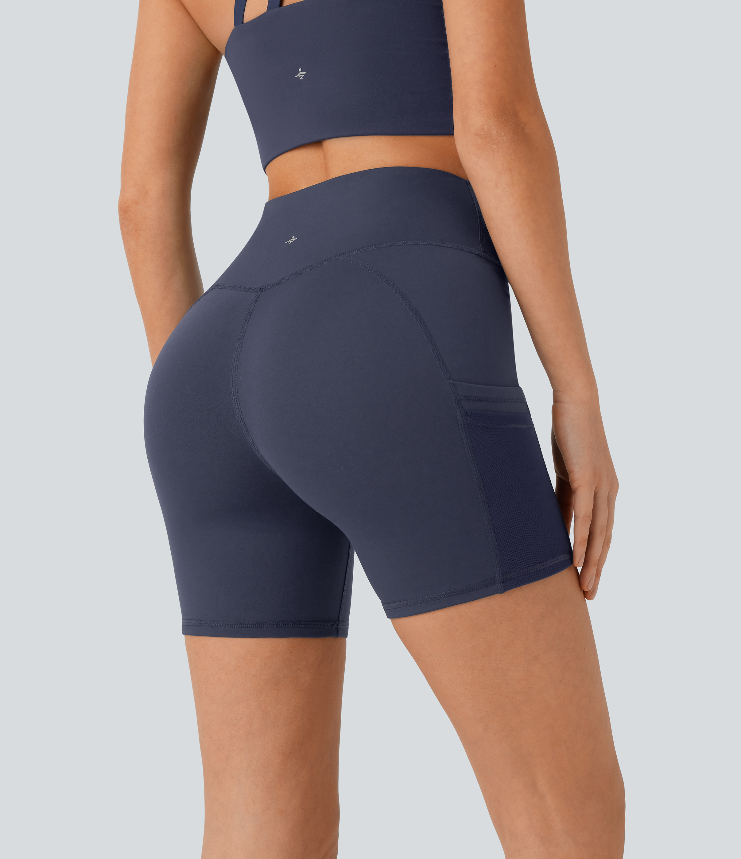 Halara High Waisted Multiple Pockets Contrast Mesh Yoga Biker Shorts 5``  - Midnight Blue - M biker shorts women black biker shorts 