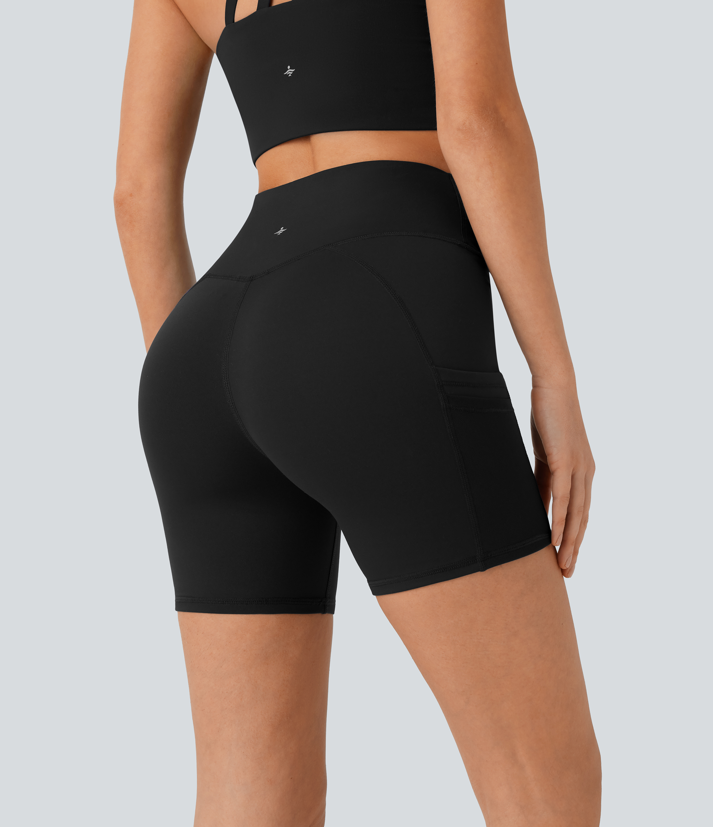 Halara High Waisted Multiple Pockets Contrast Mesh Yoga Biker Shorts 5``  - Black - M biker shorts women black biker shorts 