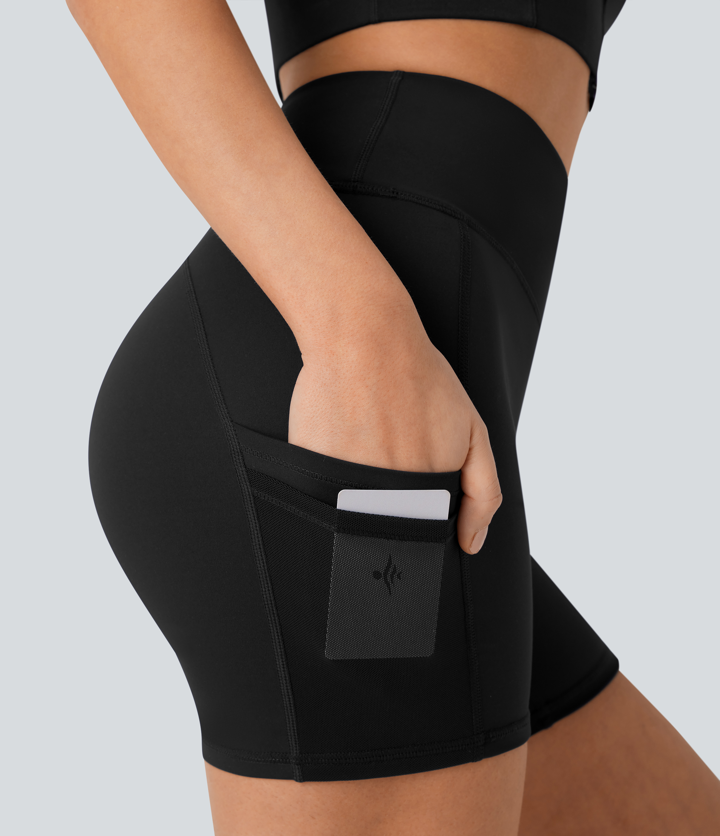 Halara High Waisted Multiple Pockets Contrast Mesh Yoga Biker Shorts 5``  - Black - M biker shorts women black biker shorts 