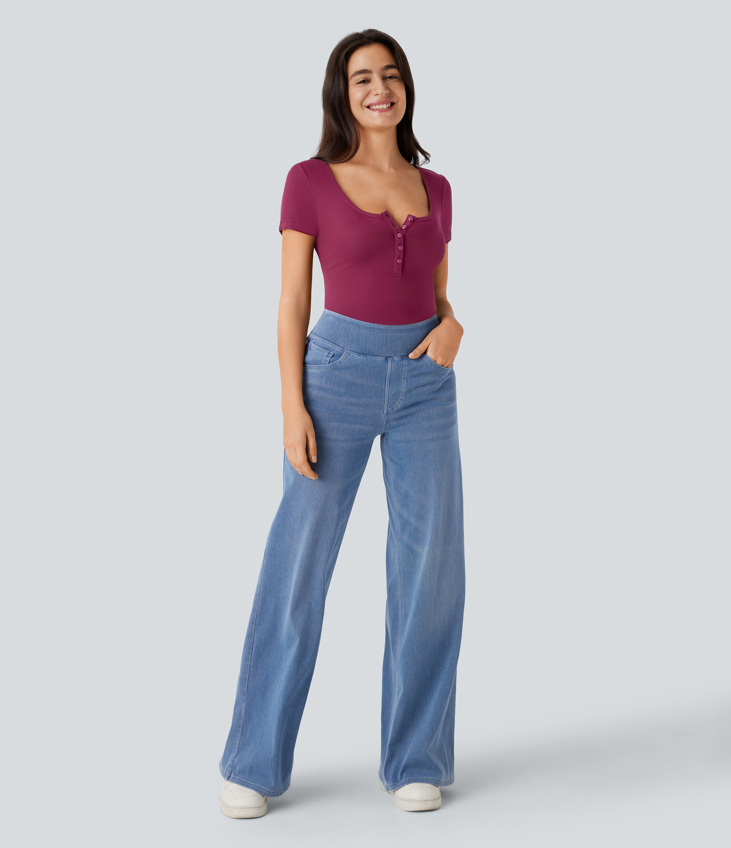 Halara Ribbed Henley Neck Short Sleeve Slim Casual Top Tank Top - Maroon Banner - S golf tops halter top tunic tops sleeveless tops 