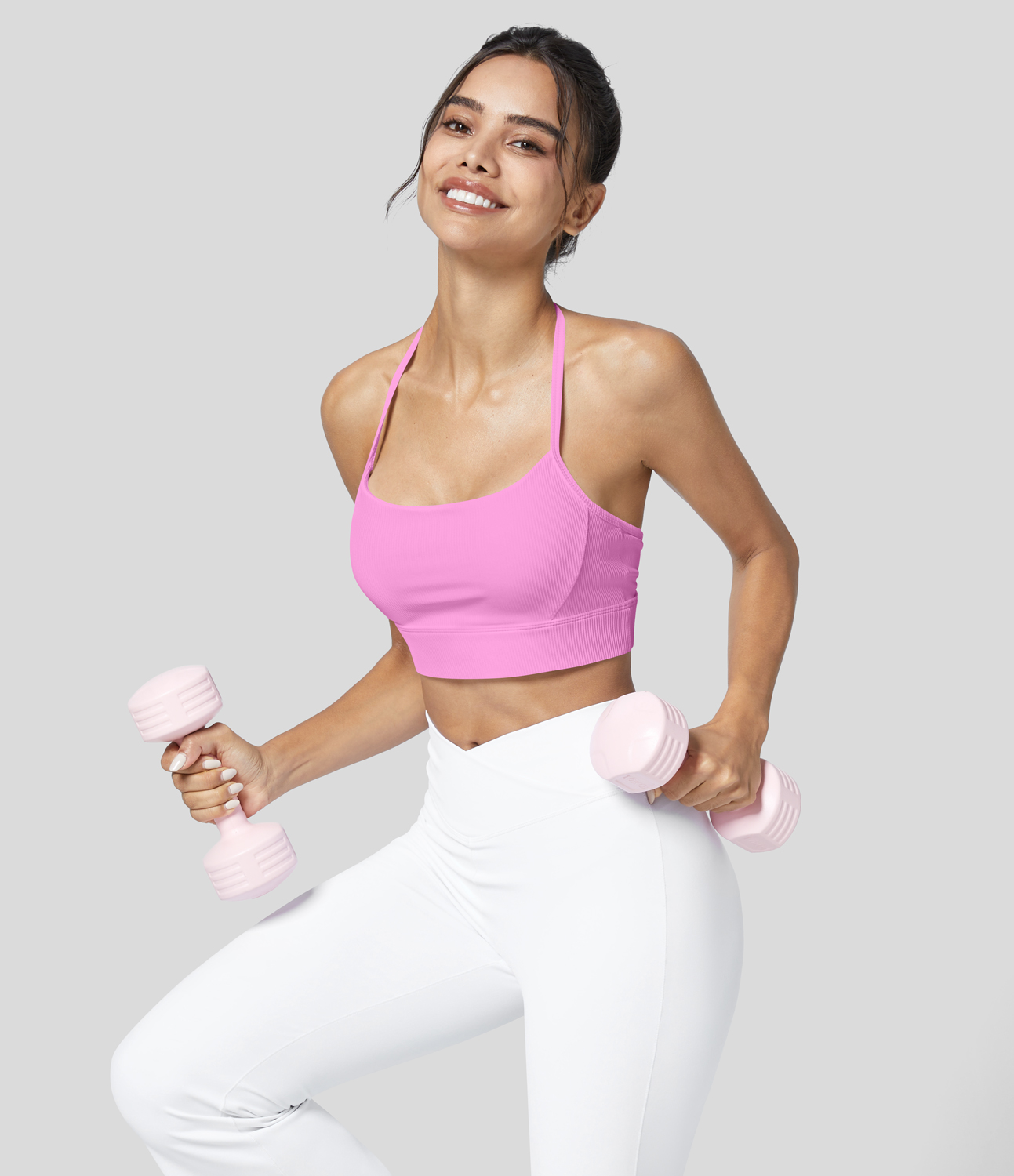 Halara Ribbed Low Support Halter Backless Solid Cropped Yoga Sports Bra  - Soft Light Purple - XL push up bra strapless bra backless bra 