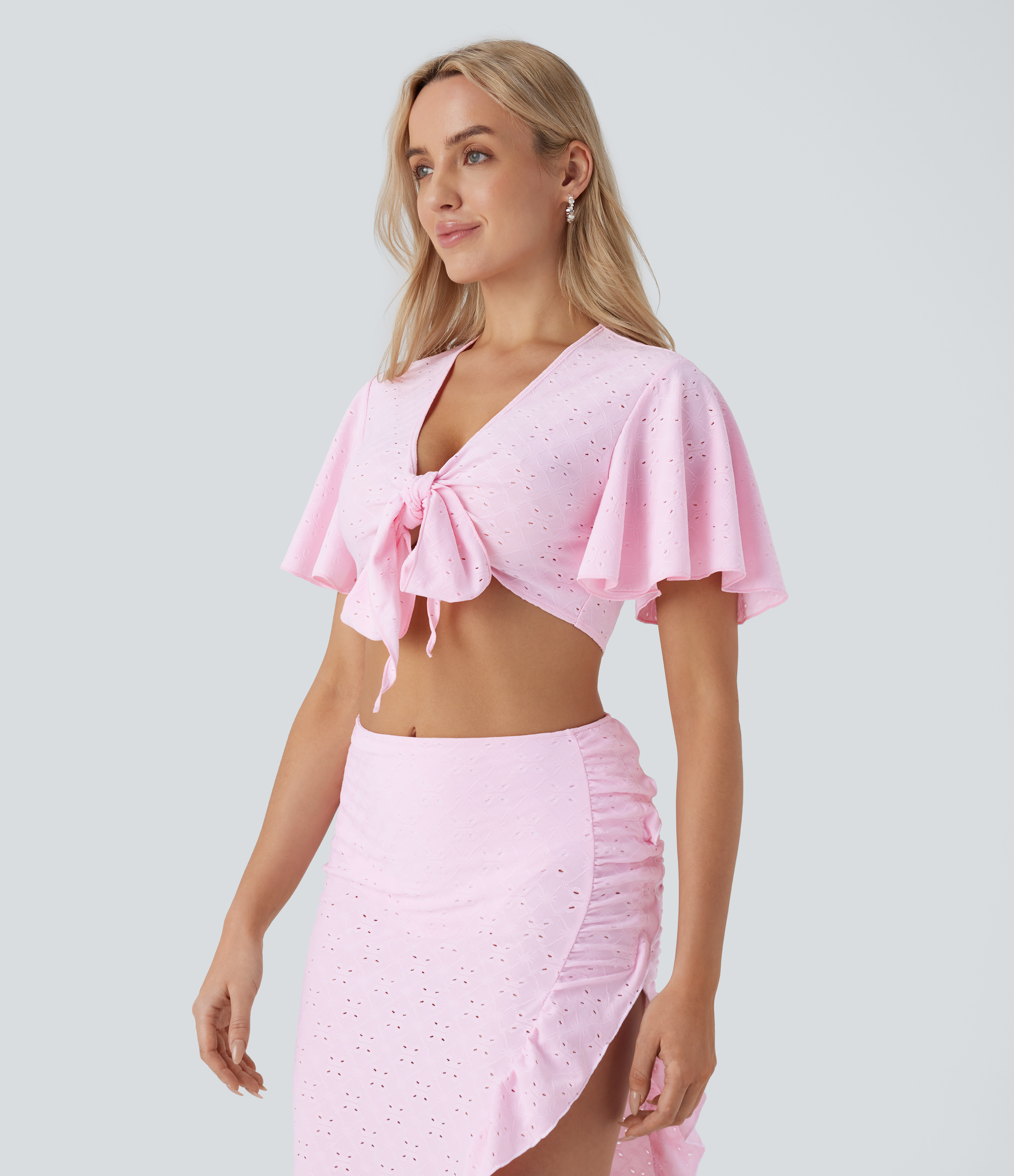 Halara V Neck Tie Front Short Sleeve Eyelet Embroidery Cropped Resort Top Tank Top - Tickled Pink - XL golf tops halter top tunic tops 
