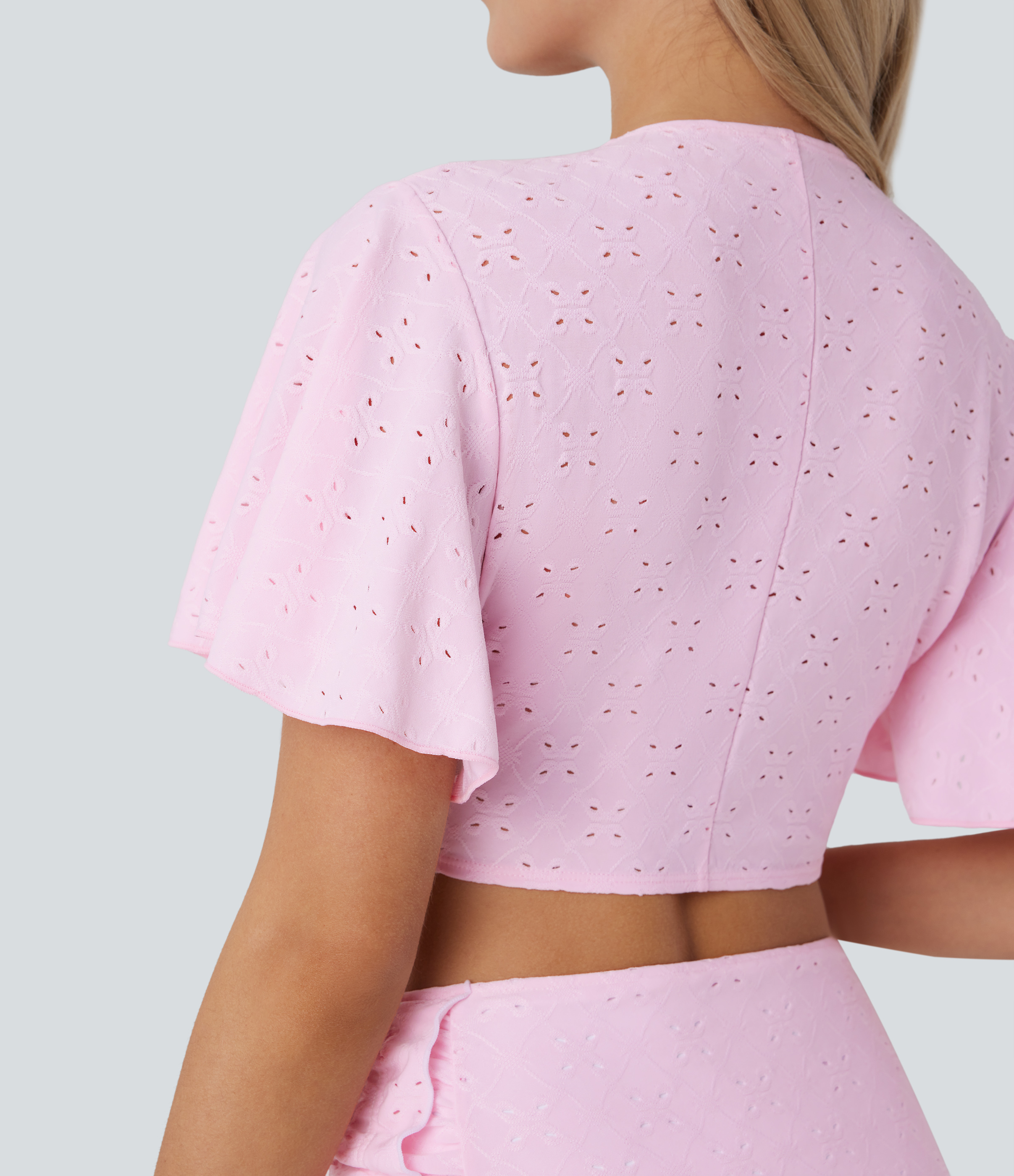 Halara V Neck Tie Front Short Sleeve Eyelet Embroidery Cropped Resort Top Tank Top - Tickled Pink - XL golf tops halter top tunic tops 
