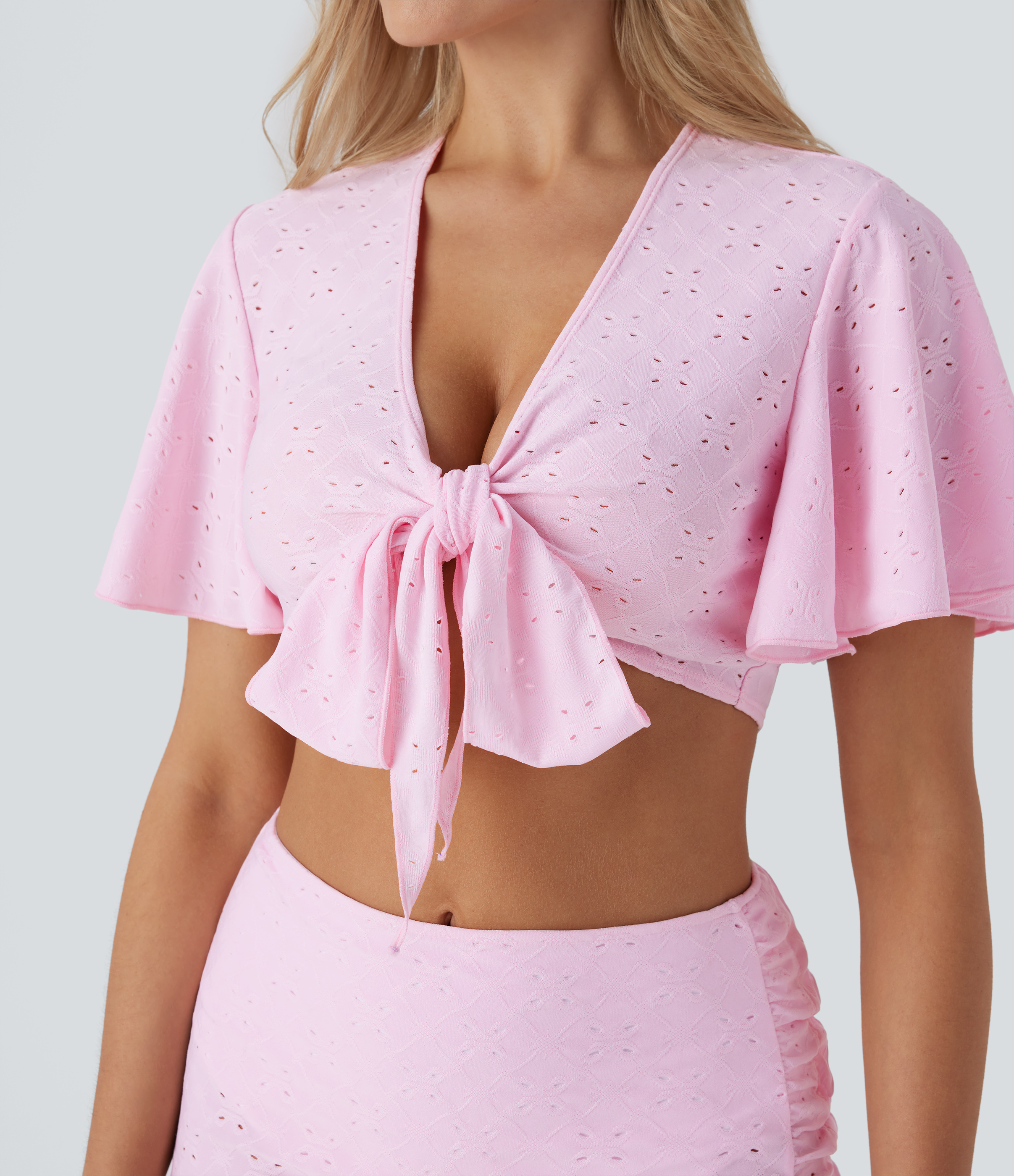 Halara V Neck Tie Front Short Sleeve Eyelet Embroidery Cropped Resort Top Tank Top - Tickled Pink - XL golf tops halter top tunic tops 