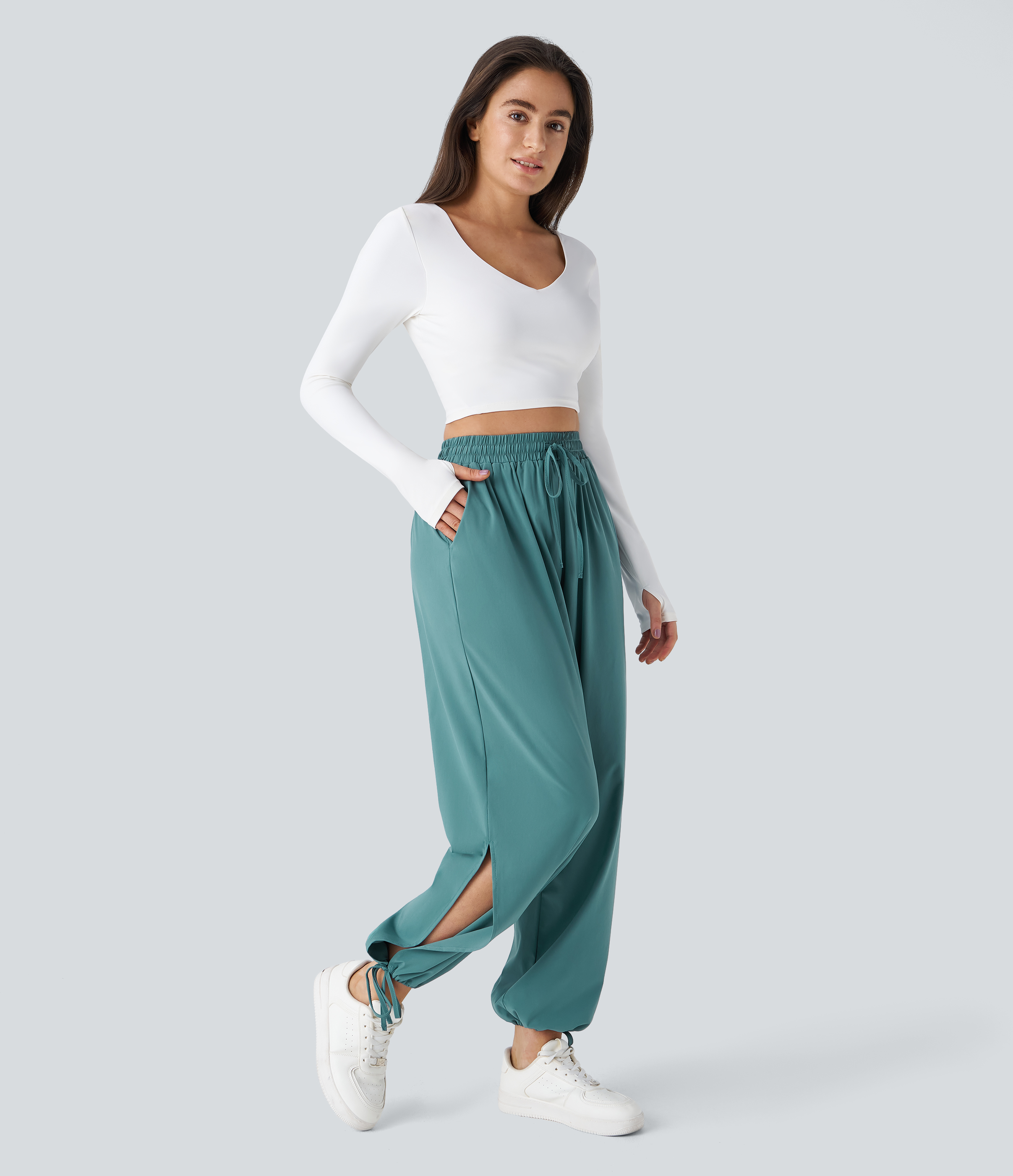 Halara Breezefulв„ў High Waisted Drawstring Side Pocket Split Hem Quick Dry Casual Joggers  - Mineral Blue - L 