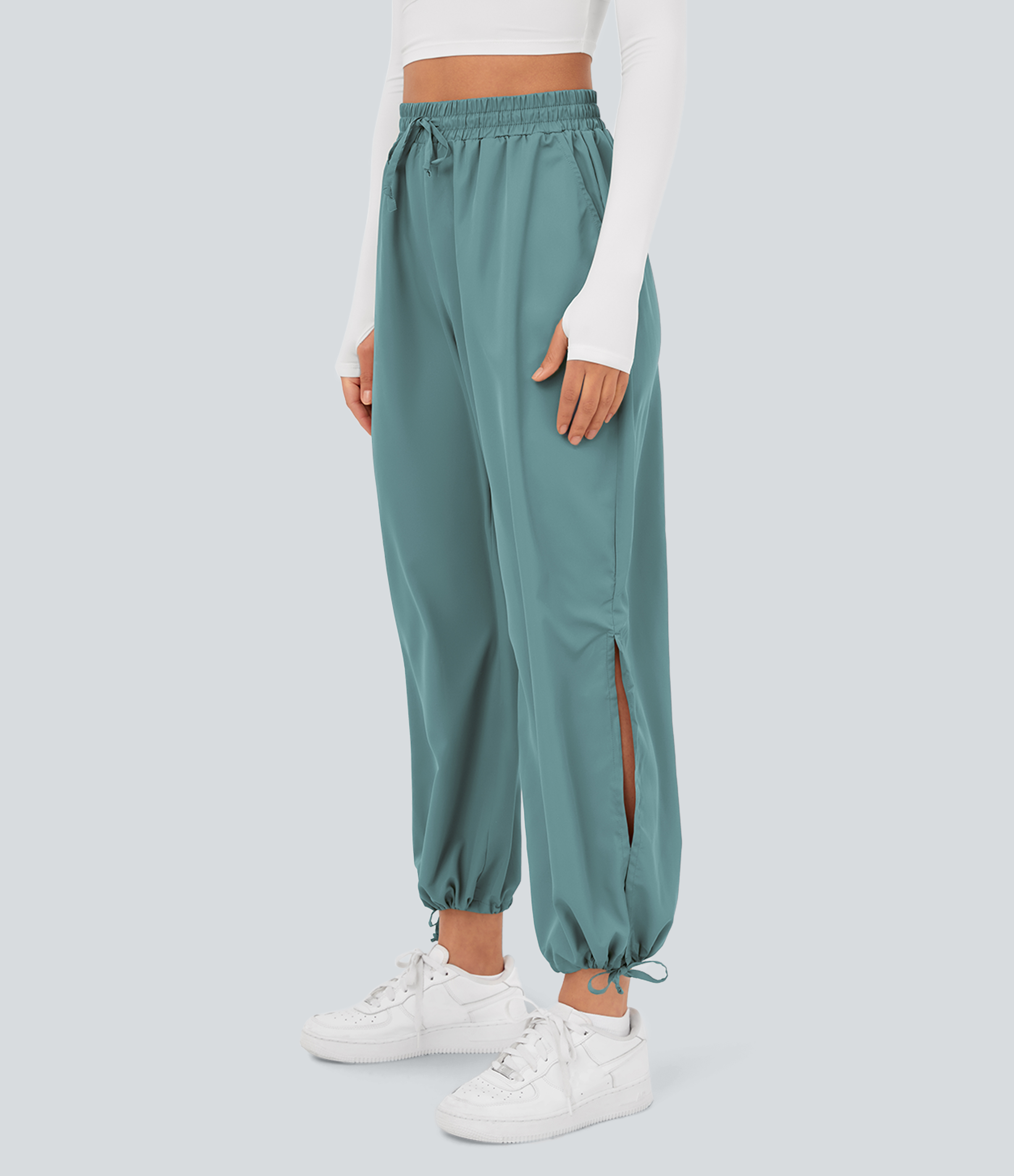 Halara Breezefulв„ў High Waisted Drawstring Side Pocket Split Hem Quick Dry Casual Joggers  - Mineral Blue - L 