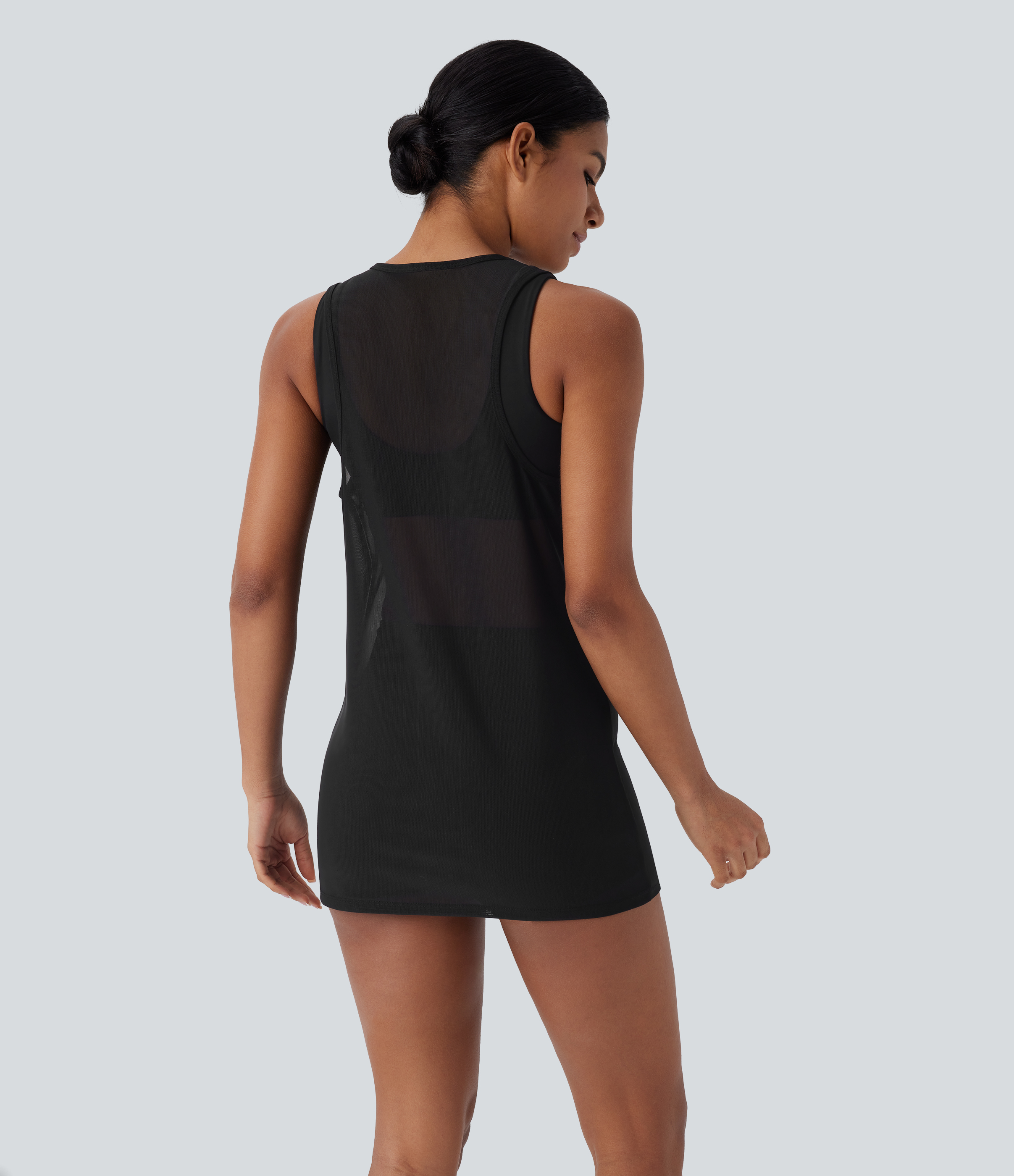 Halara Sheer Round Neck Mesh Longline Running Tank Top Tank Top - Black - XL golf tops halter top tunic tops sleeveless tops backless top 