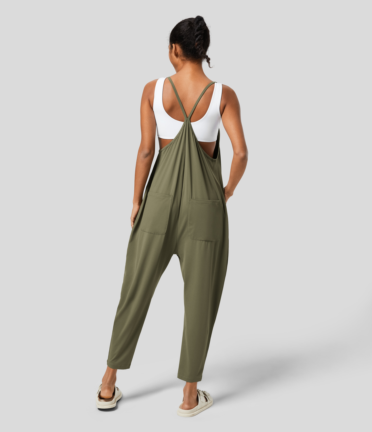 

Halara Backless Multiple Pockets Ankle Length Casual Loose Tapered Jumpsuit - Winter Moss