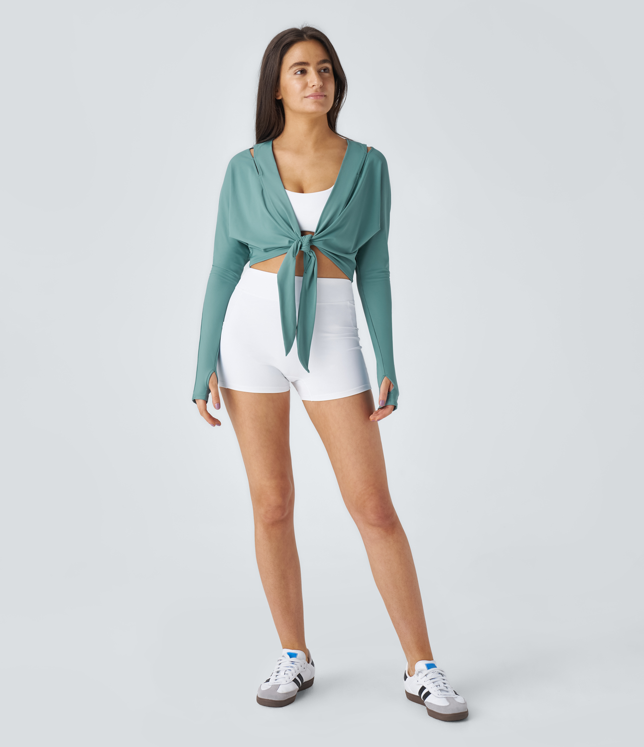 Halara Softlyzeroв„ў Airy Cut Out Thumb Hole Tie Front Cool Touch Yoga Sports Top-UPF50+  - Rock Cyan Blue - XS 