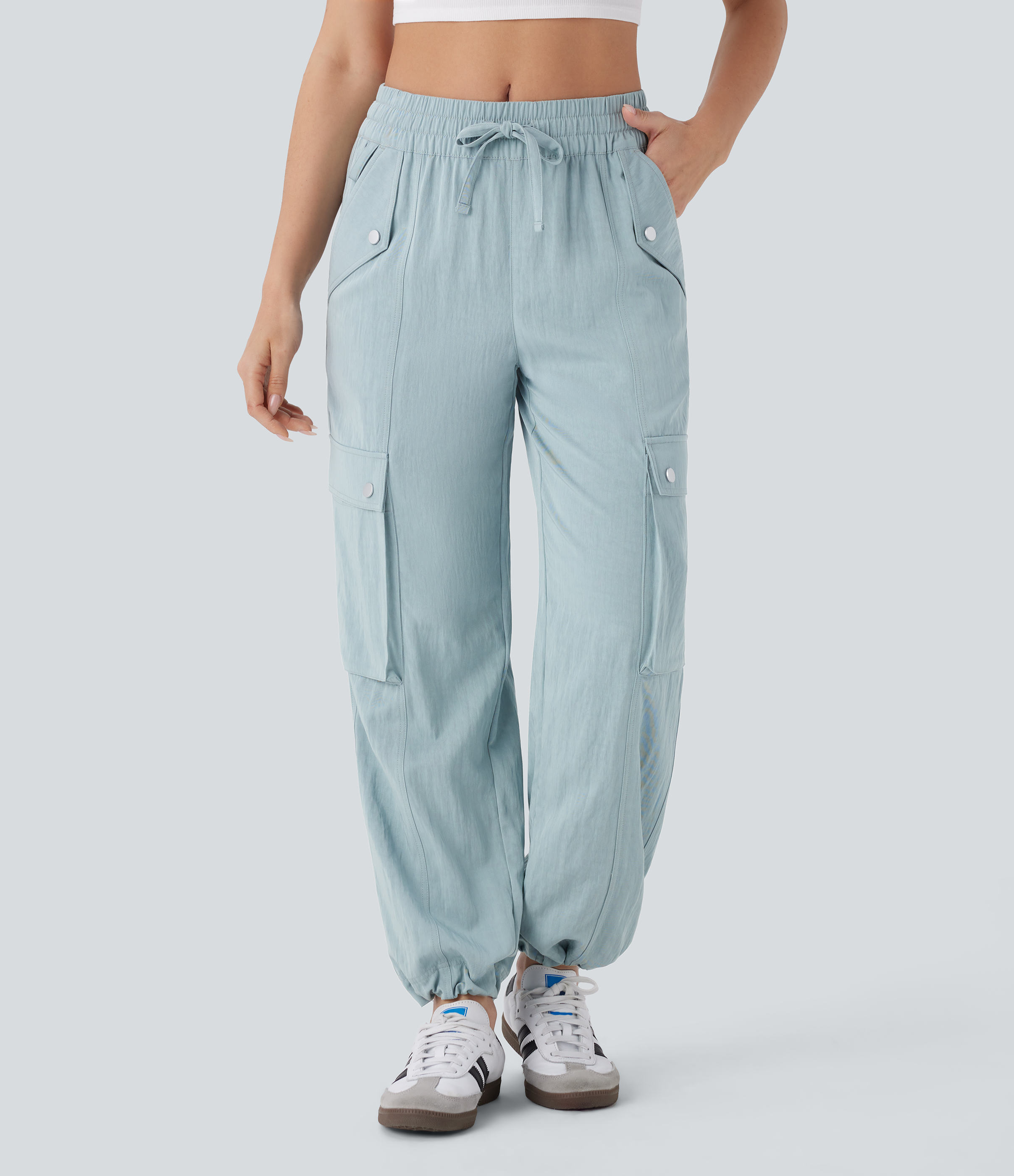 Halara Mid Rise Multiple Pockets Drawstring Hem Cargo Casual Pants  - Harbor Gray - XS(regular) 