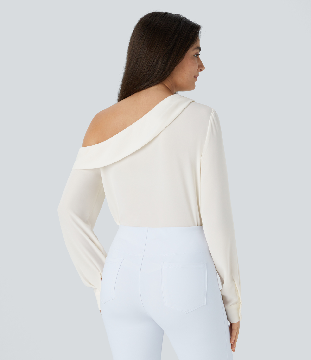 Halara Asymmetric Off Shoulder Long Sleeve Work Top Tank Top - Fish Belly White - L golf tops halter top tunic tops sleeveless tops 
