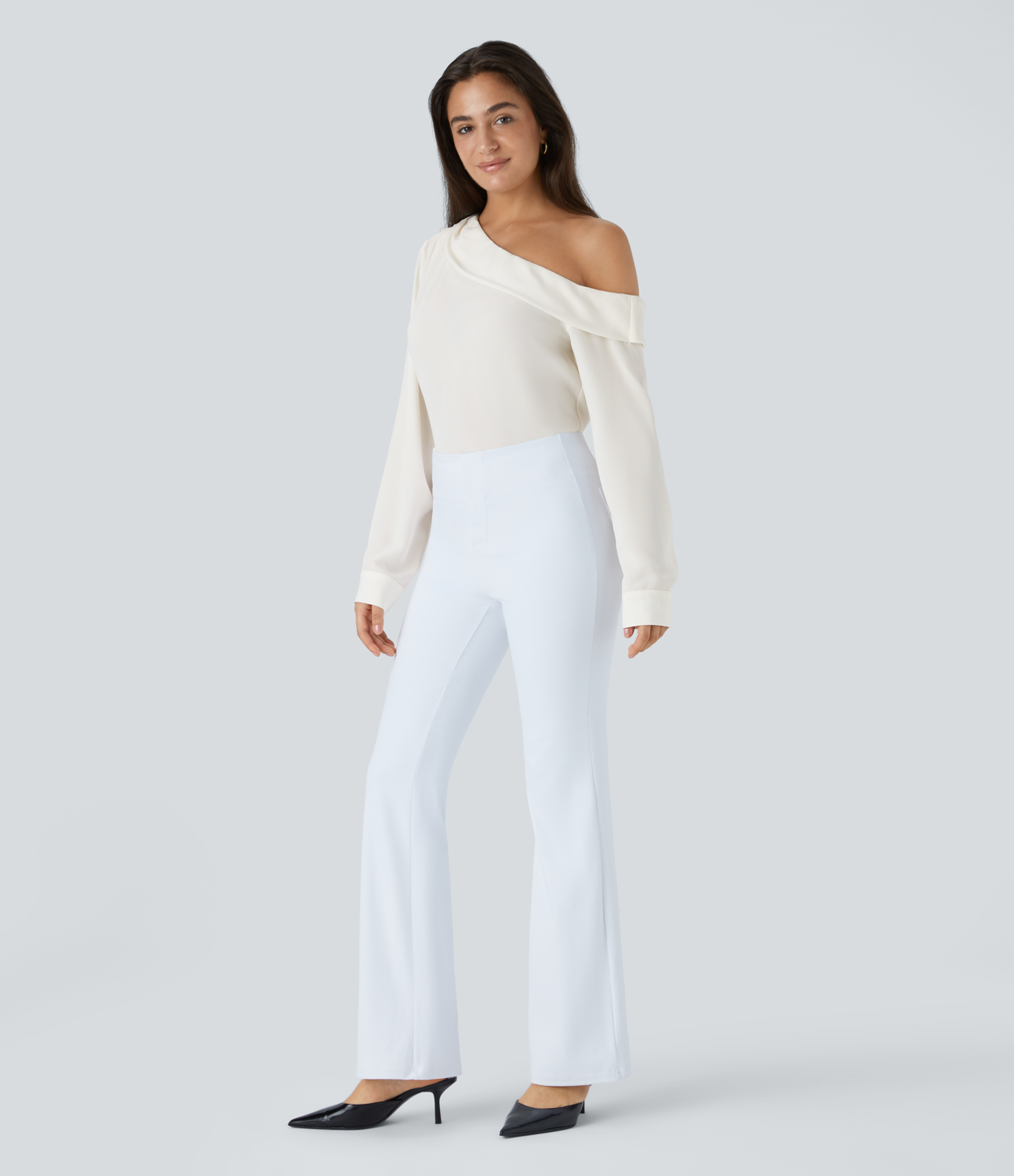 Halara Asymmetric Off Shoulder Long Sleeve Work Top Tank Top - Fish Belly White - L golf tops halter top tunic tops sleeveless tops 