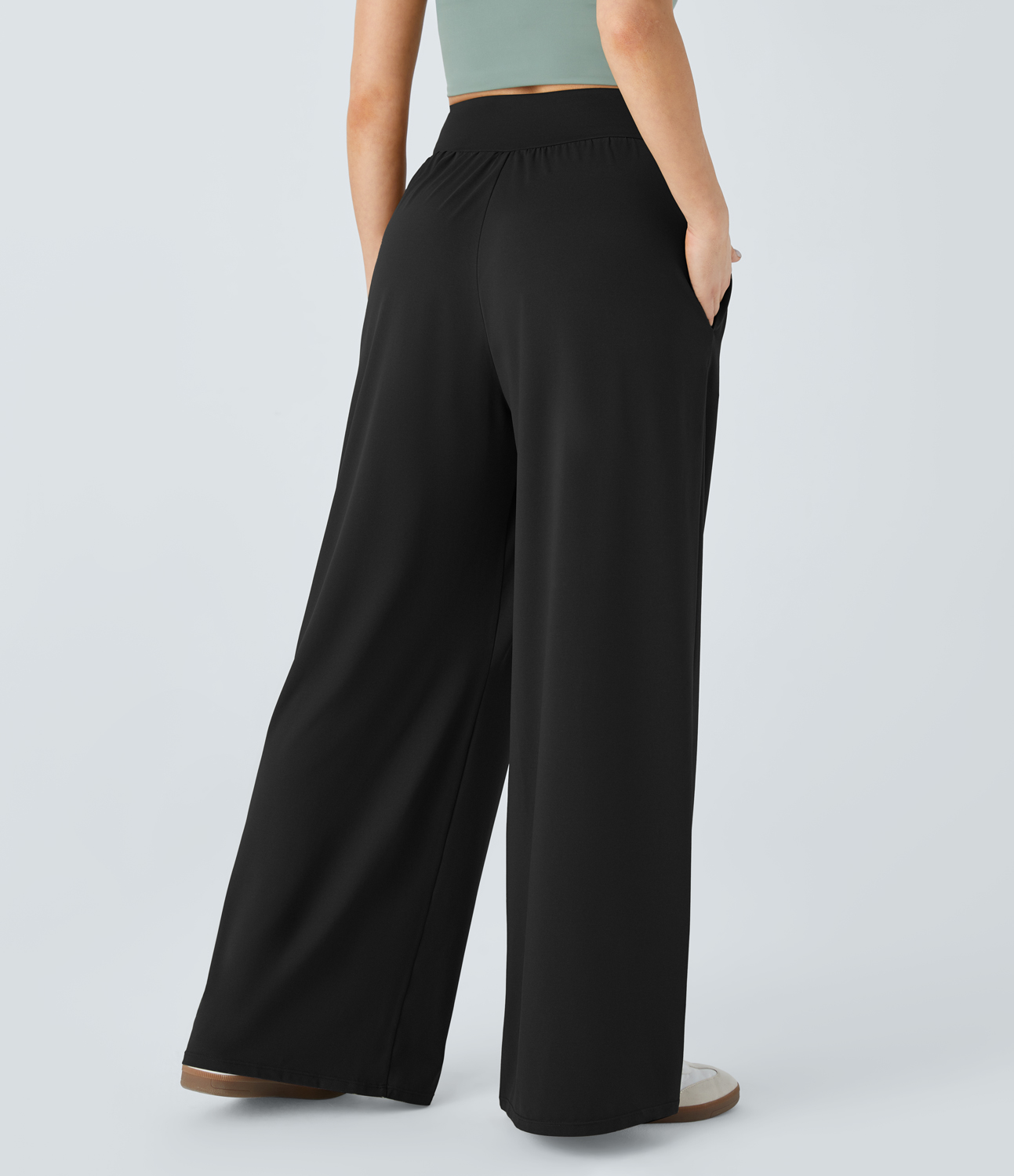 Halara High Waisted Tie Front Plicated Side Pocket Wide Leg Casual Pants  - Black - S(regular) sweatpants jogger pants stacked sweatpants 