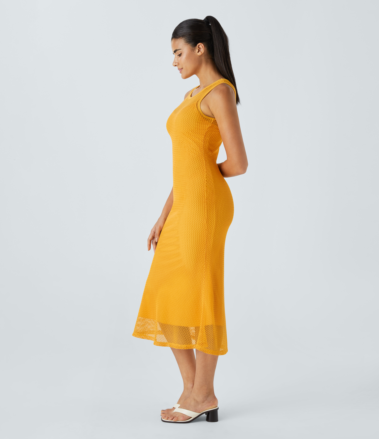 Halara Round Neck Sleeveless Contrast Mesh Bodycon Midi Casual Mermaid Dress Casual Dress - Artisan`s Gold - XS slip dress beach dress 