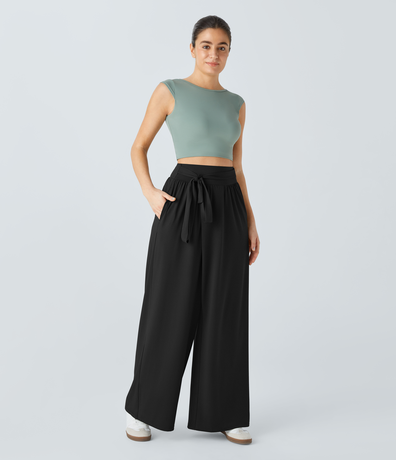 Halara High Waisted Tie Front Plicated Side Pocket Wide Leg Casual Pants  - Black - S(regular) sweatpants jogger pants stacked sweatpants 