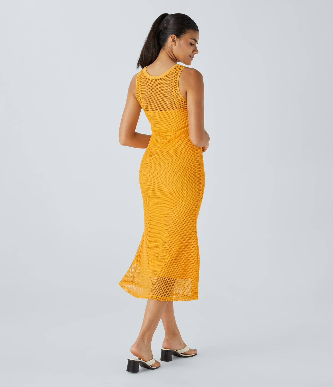 Halara Round Neck Sleeveless Contrast Mesh Bodycon Midi Casual Mermaid Dress Casual Dress - Artisan`s Gold - XS slip dress beach dress 