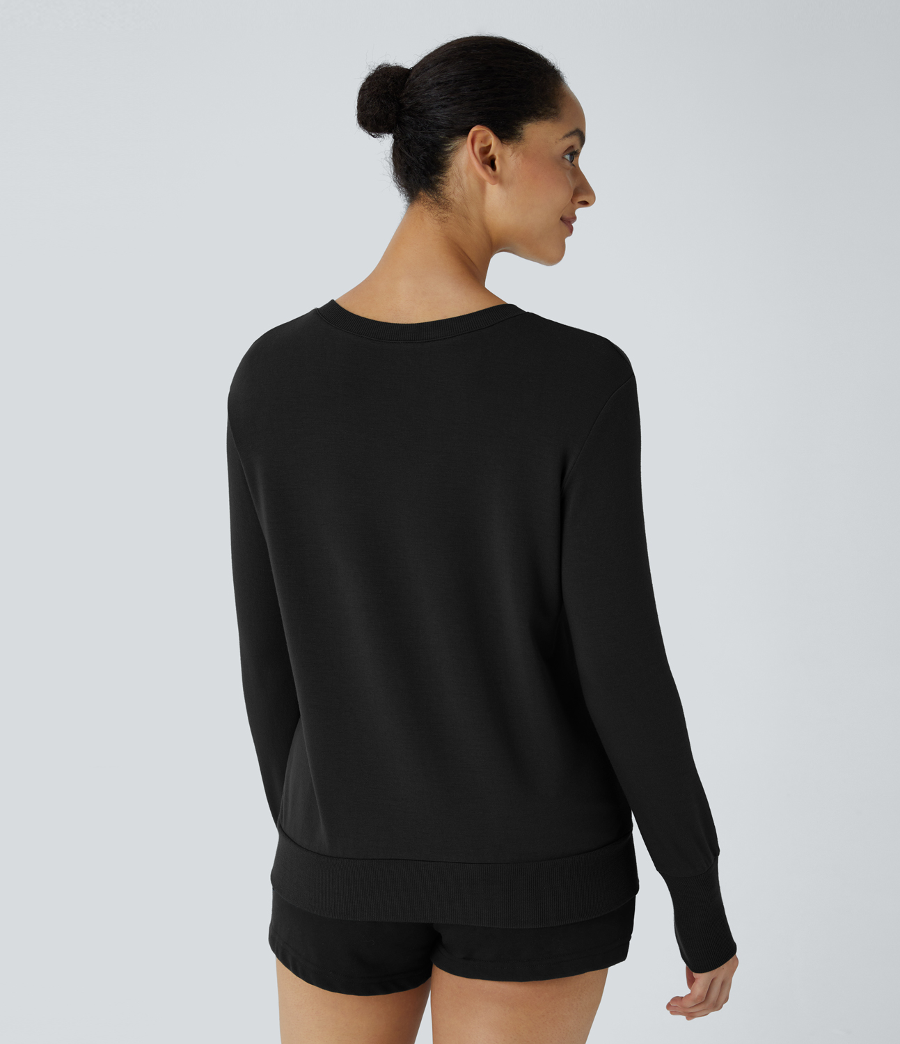 Halara V Neck Thumb Hole Split Ribbed Hem Fleece Lounge Sweatshirt  - Black - XS 