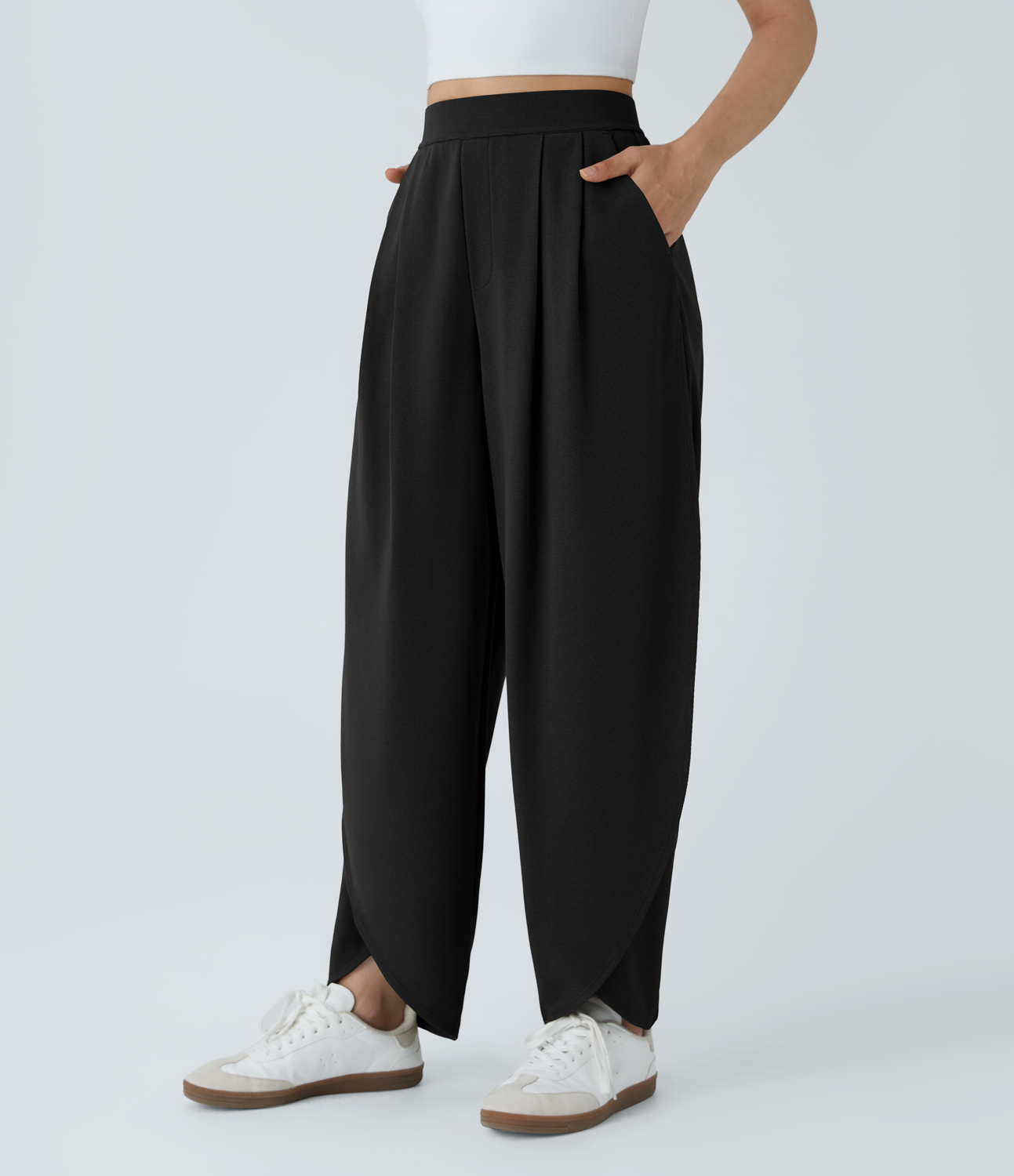 Halara High Waisted Plicated Side Pocket Crossover Hem Waffle Casual Pants  - Black - L(regular) sweatpants jogger pants stacked sweatpants 