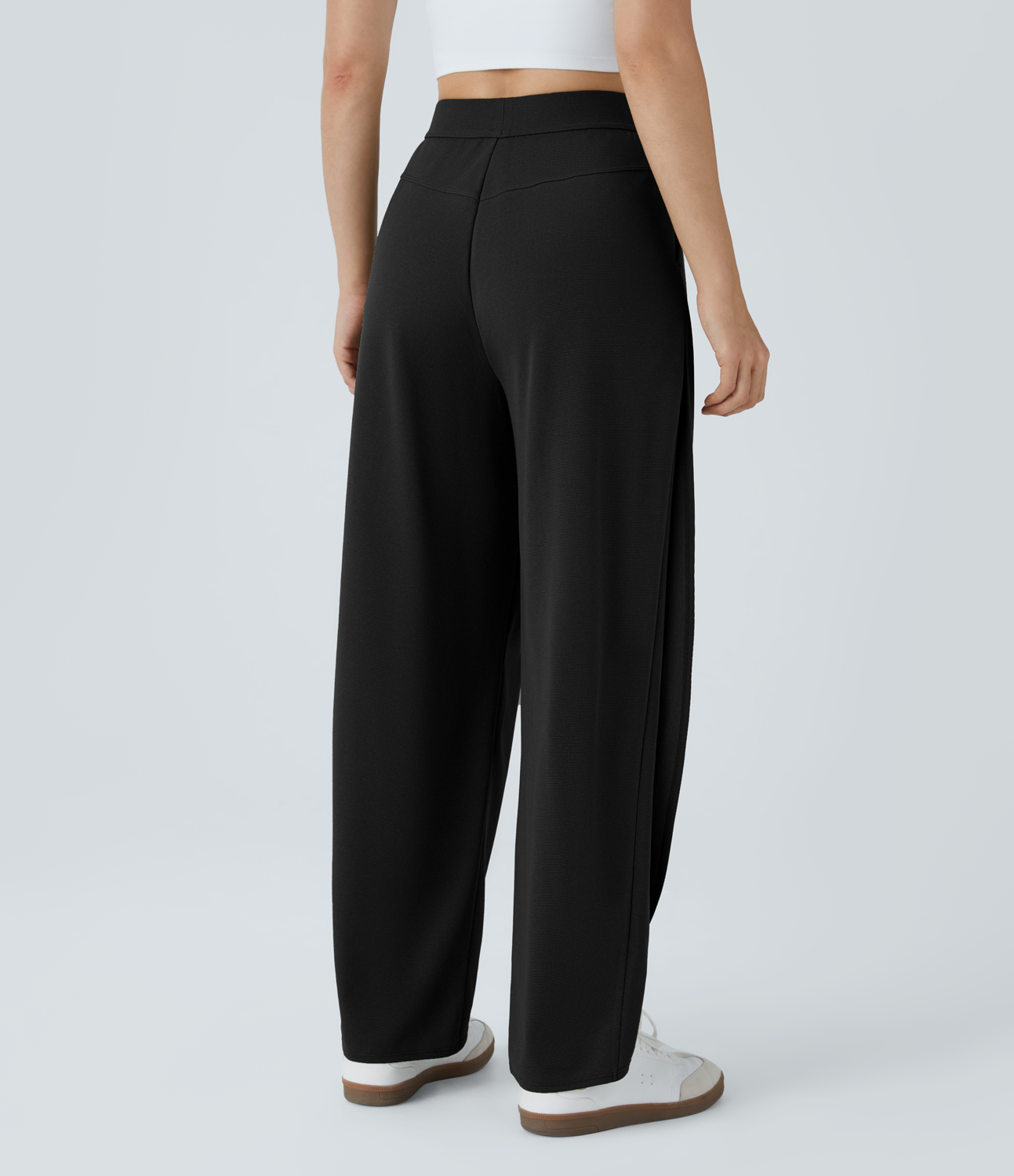 Halara High Waisted Plicated Side Pocket Crossover Hem Waffle Casual Pants  - Black - L(regular) sweatpants jogger pants stacked sweatpants 