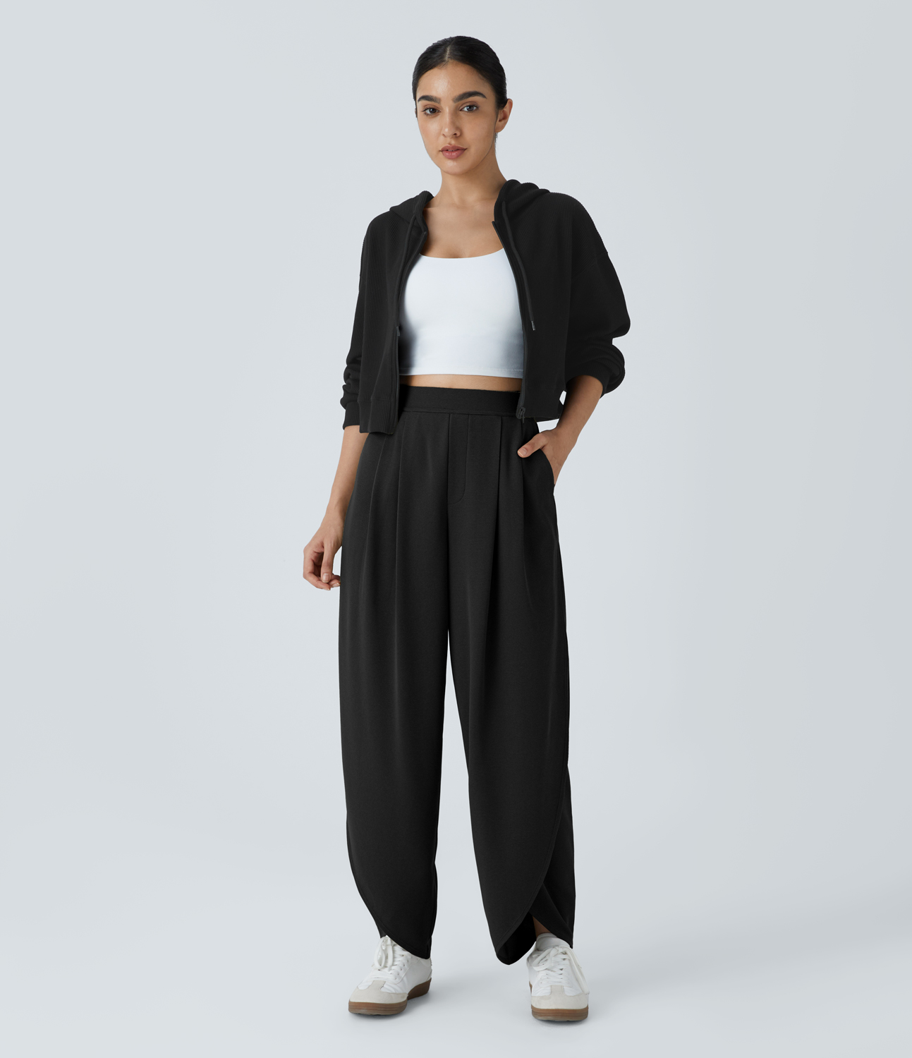 Halara High Waisted Plicated Side Pocket Crossover Hem Waffle Casual Pants  - Black - L(regular) sweatpants jogger pants stacked sweatpants 