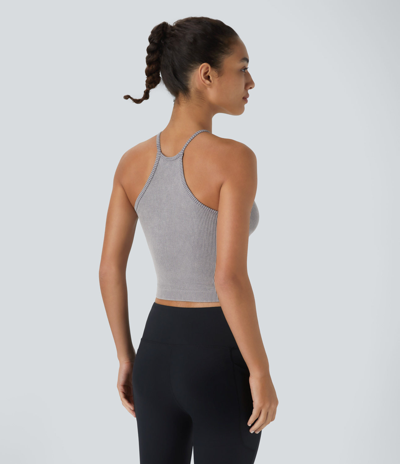 Halara Seamless Flow Sleeveless Backless Racerback Washed Cropped Yoga Tank Top Tank Top - Washed Grey Blue - S golf tops halter top 