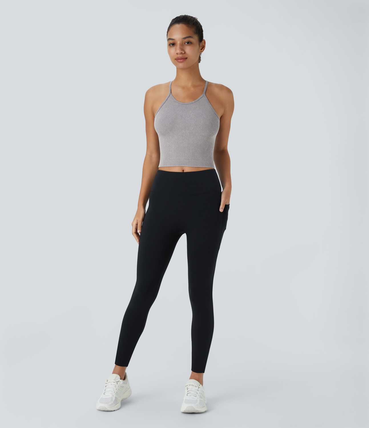Halara Seamless Flow Sleeveless Backless Racerback Washed Cropped Yoga Tank Top Tank Top - Washed Grey Blue - S golf tops halter top 