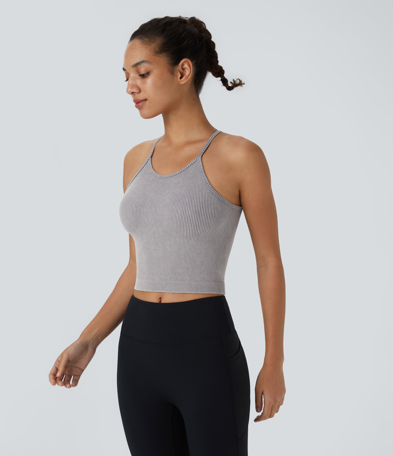 Halara Seamless Flow Sleeveless Backless Racerback Washed Cropped Yoga Tank Top Tank Top - Washed Grey Blue - S golf tops halter top 
