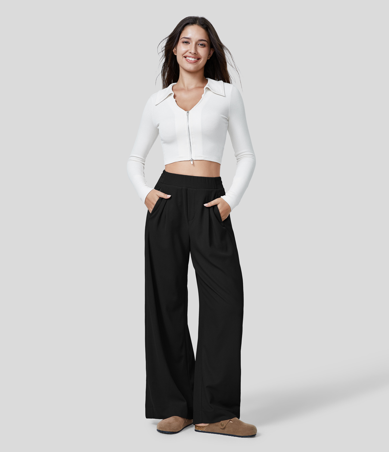 Halara High Waisted Plicated Zipper Side Pocket Split Hem Wide Leg Waffle Casual Pants  - Black - XL(regular) sweatpants jogger pants 