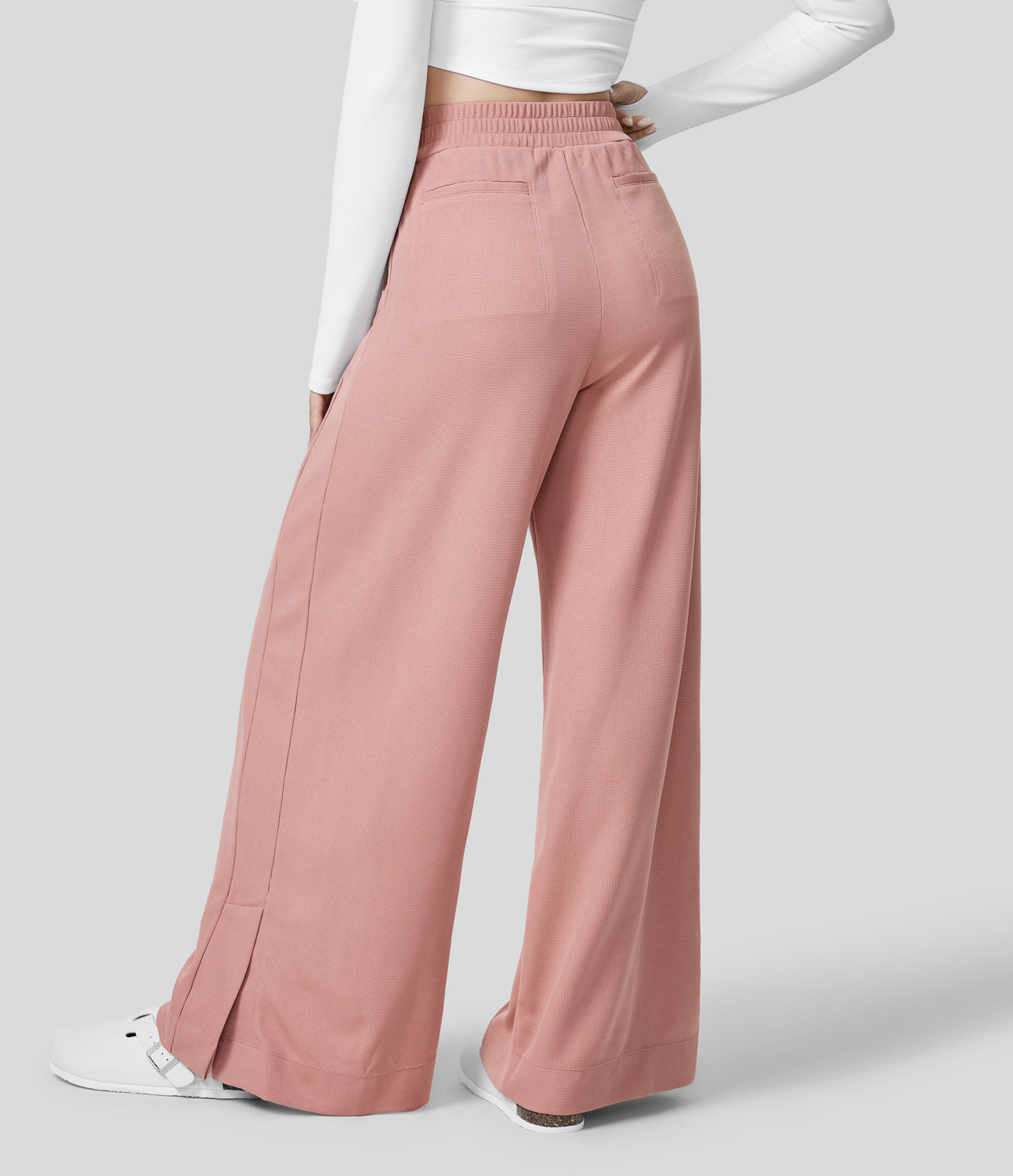 

Halara High Waisted Plicated Zipper Side Pocket Split Hem Wide Leg Waffle Casual Pants - Rose Tan -  sweatpants jogger pants
